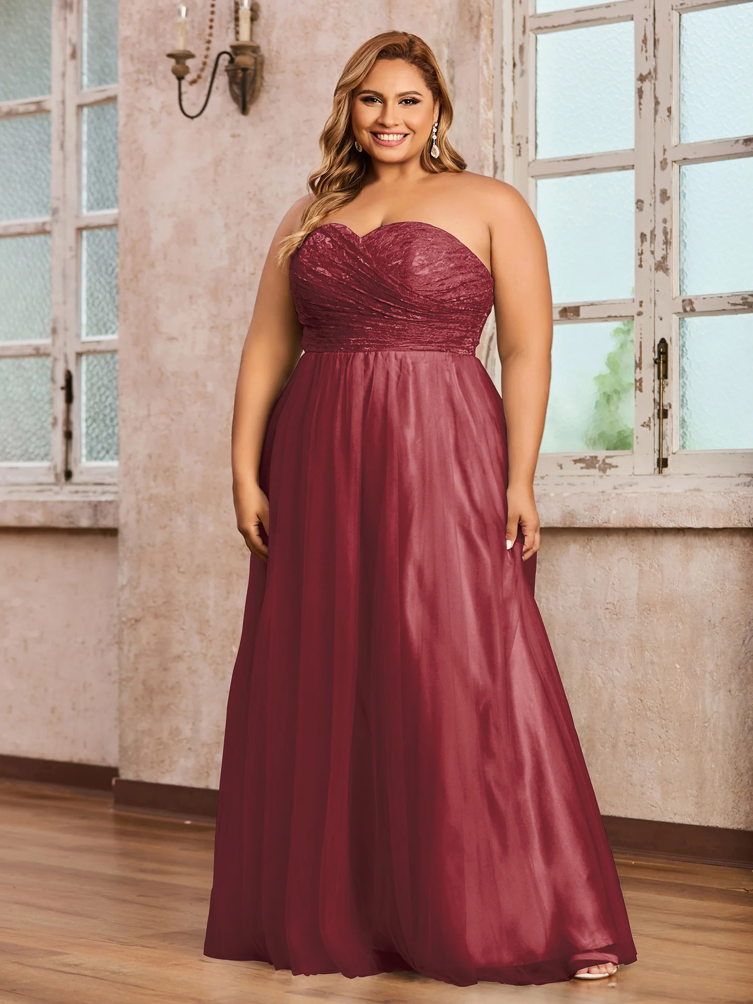 Lace and Tulle Long Gown with Sweetheart-Cinnamon Rose