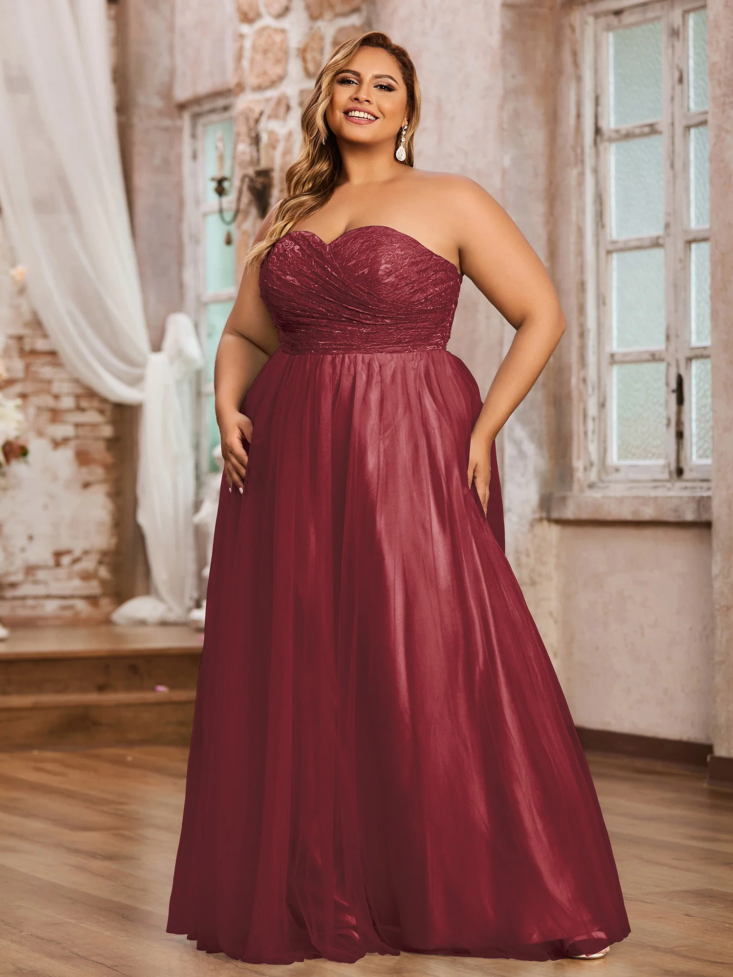 Lace and Tulle Long Gown with Sweetheart-Cinnamon Rose Plus Size - Image 3