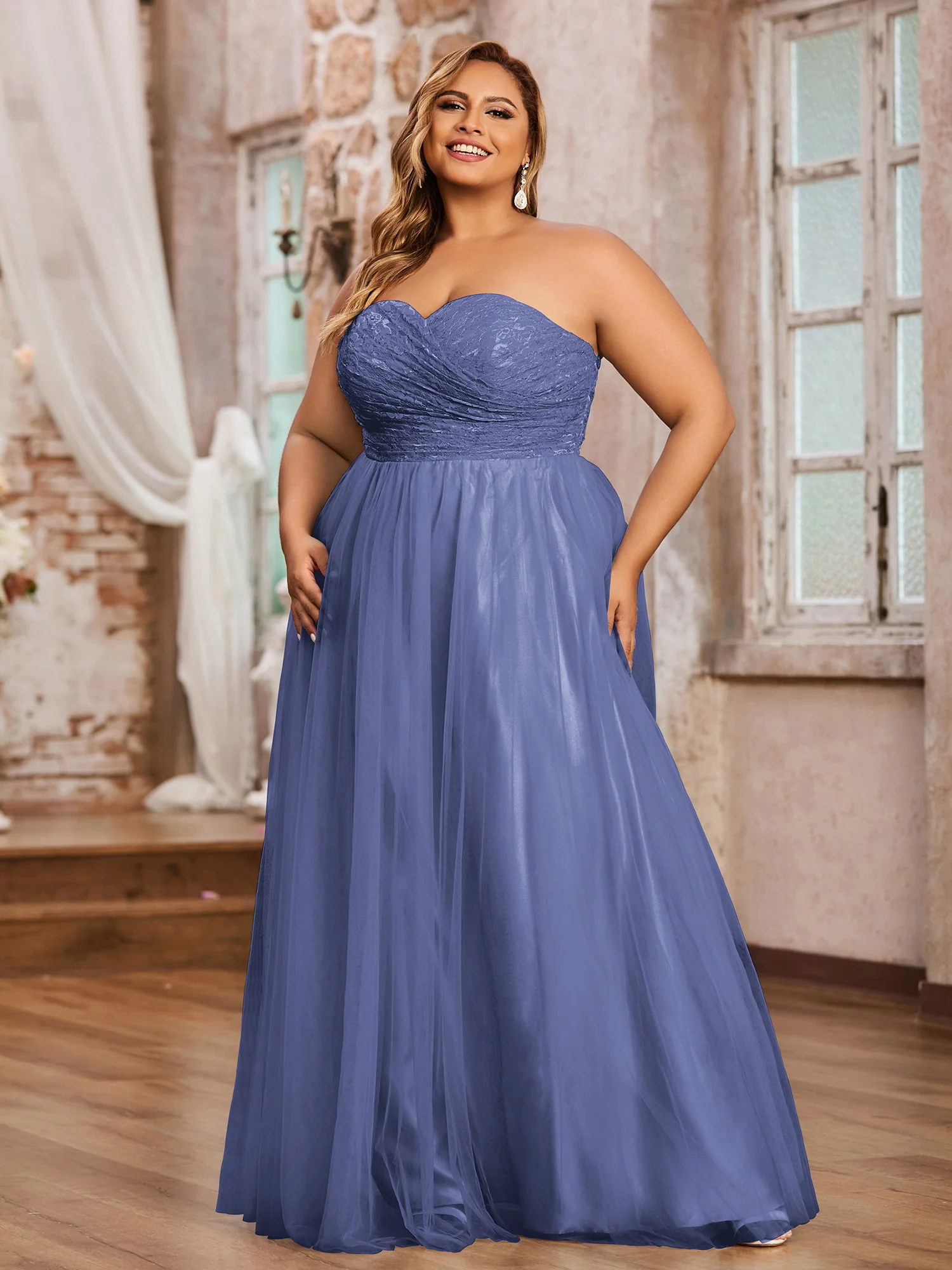 Lace and Tulle Long Gown with Sweetheart-Periwinkle - Image 3