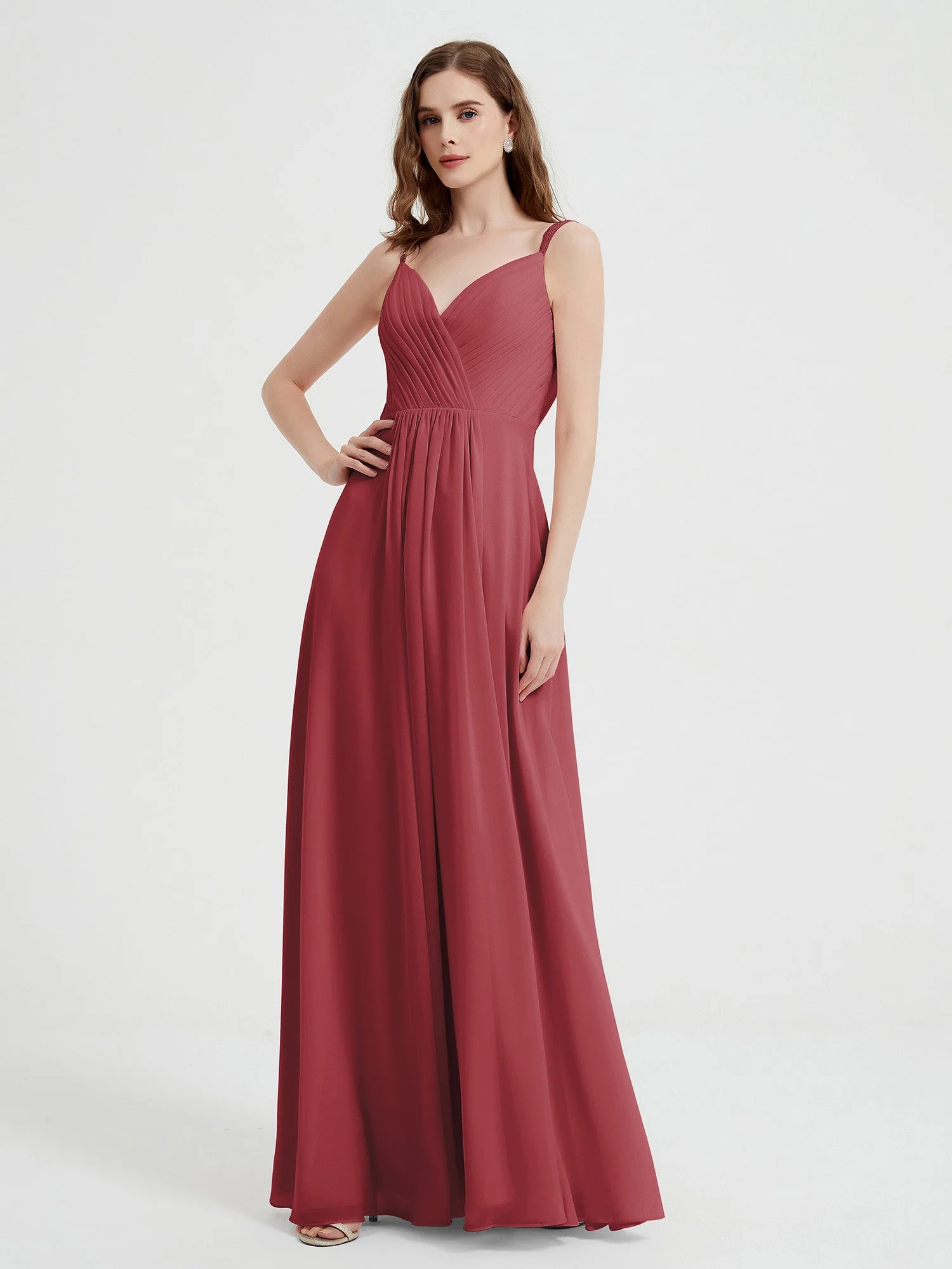 V-neck Chiffon Dresses with Beaded Straps-Cinnamon Rose Plus Size
