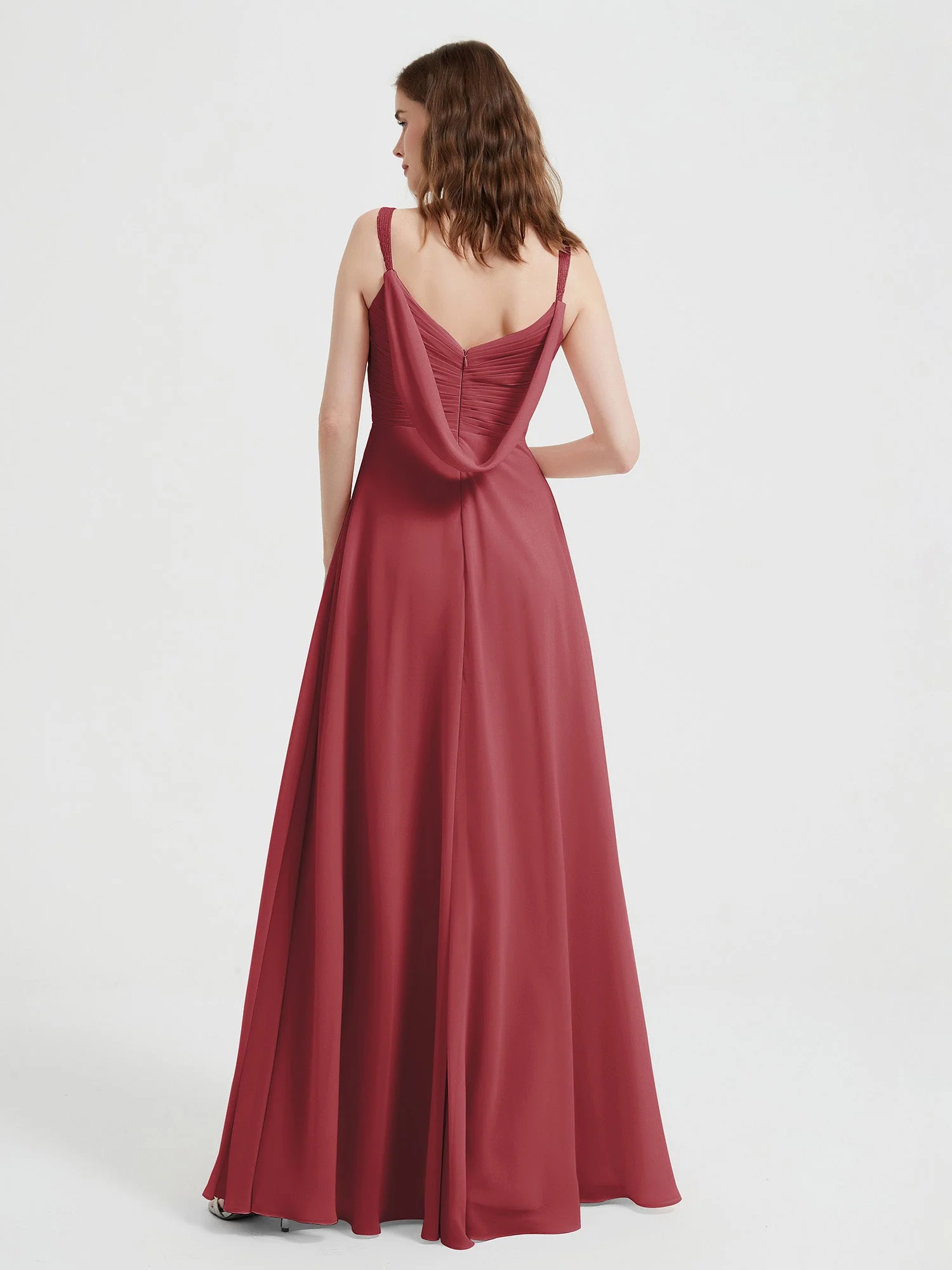 V-neck Chiffon Dresses with Beaded Straps-Cinnamon Rose Plus Size - Image 2