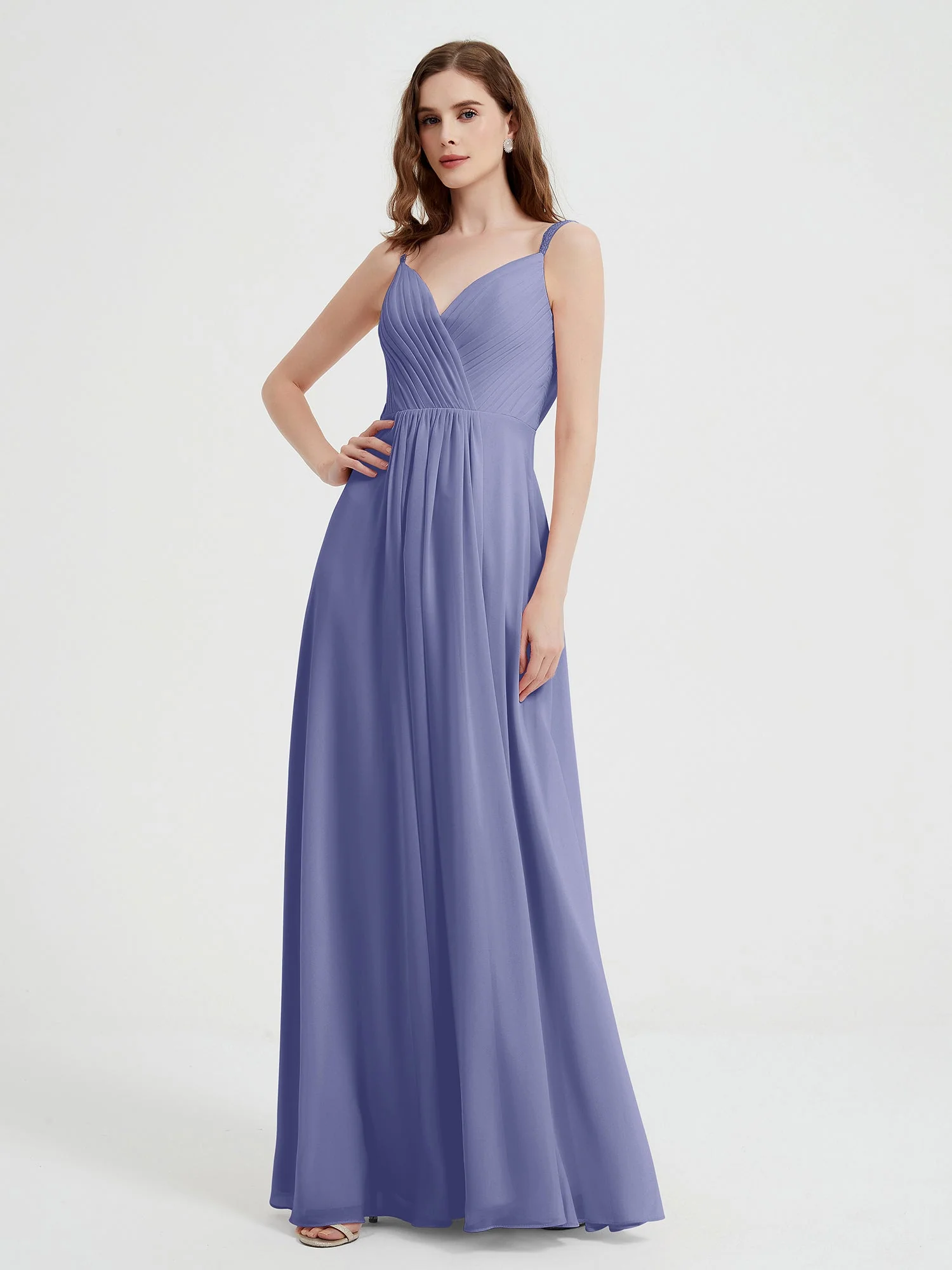 V-neck Chiffon Dresses with Beaded Straps-Periwinkle Plus Size