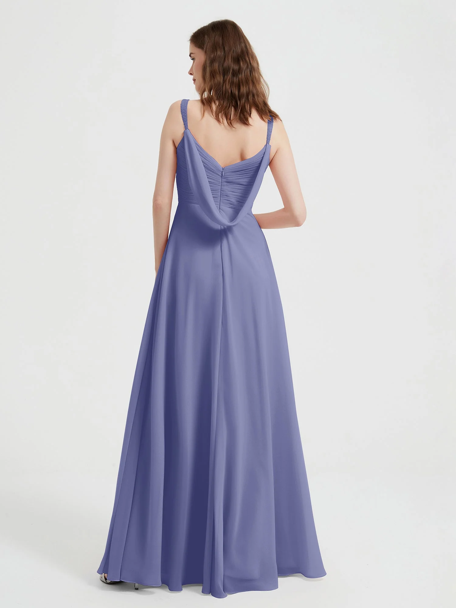 V-neck Chiffon Dresses with Beaded Straps-Periwinkle Plus Size - Image 2