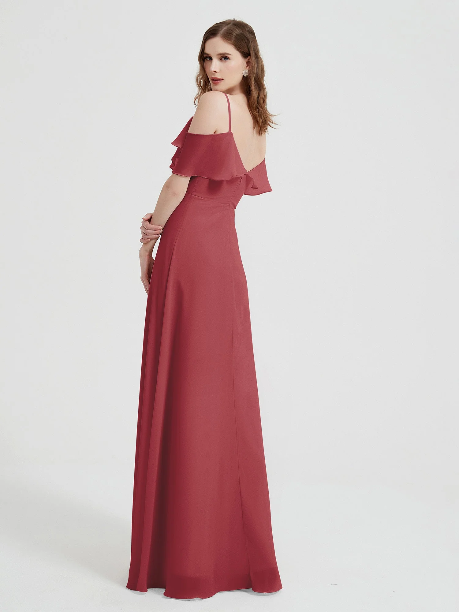 Spaghetti Straps V-neck Chiffon Long Dresses-Cinnamon Rose - Image 2
