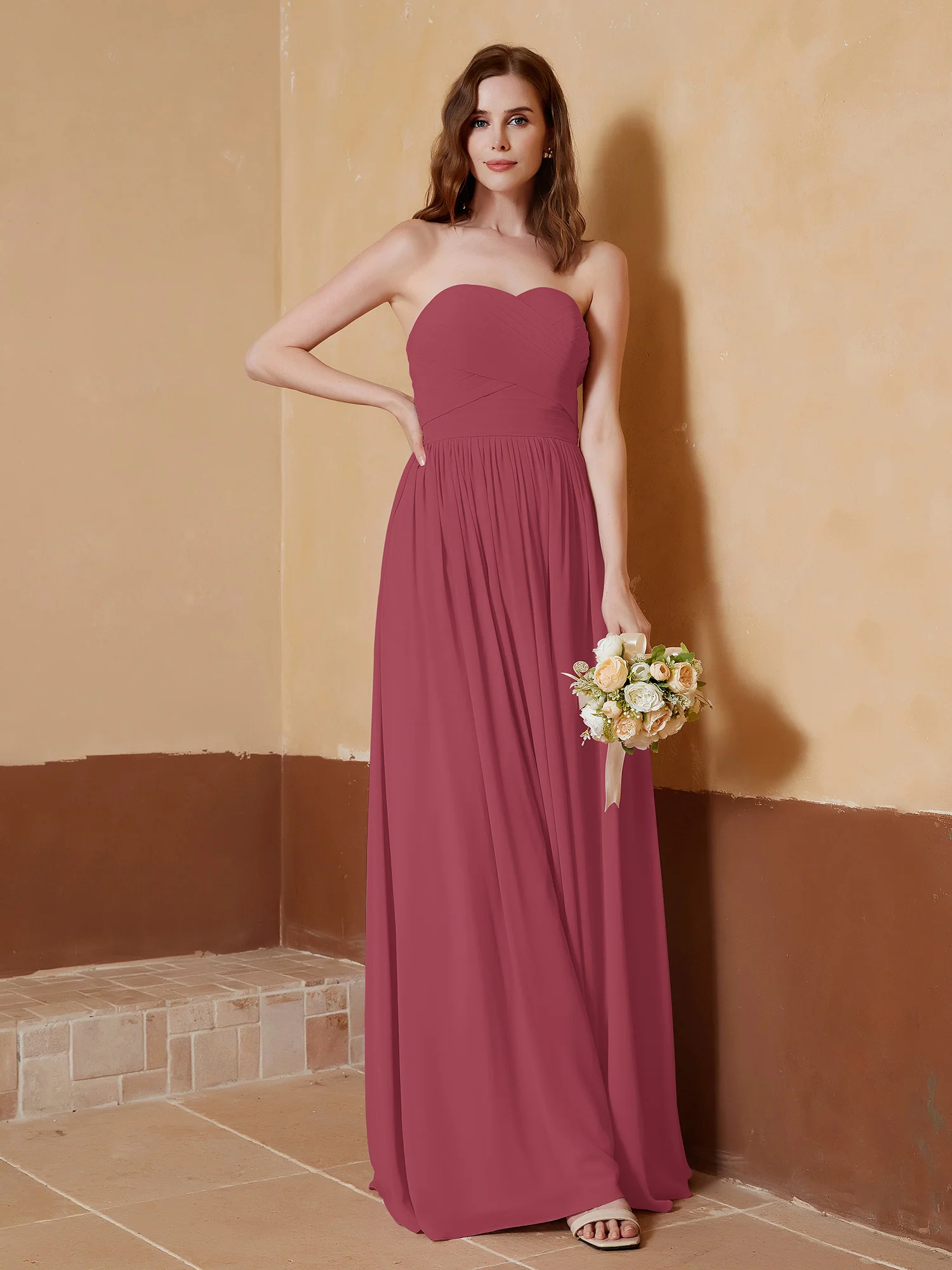 Chiffon Long Strapless Dress for Bridesmaids Cinnamon Rose