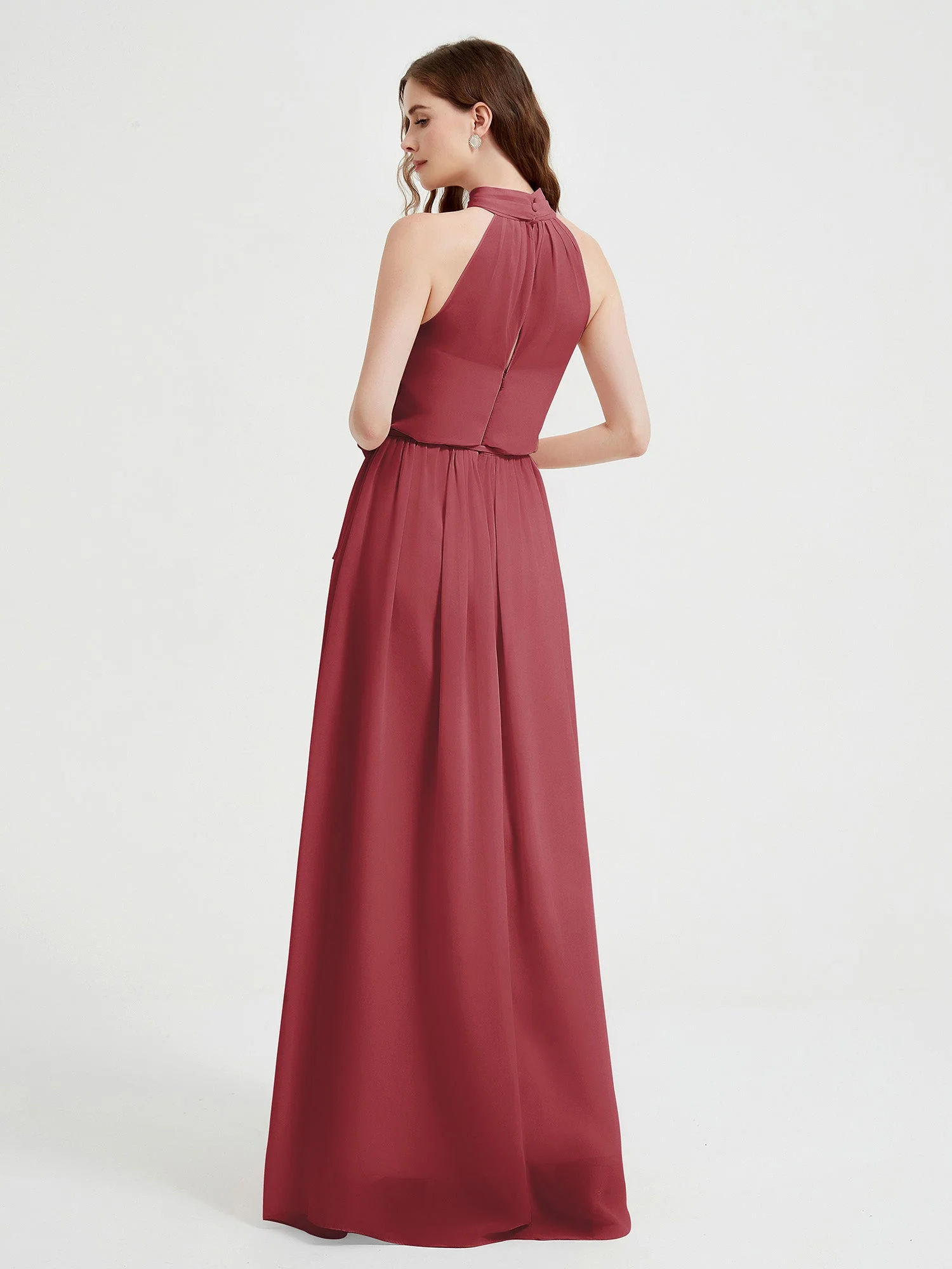 High Neck Chiffon Dresses with Slit and Sash Bow-Cinnamon Rose - Image 2
