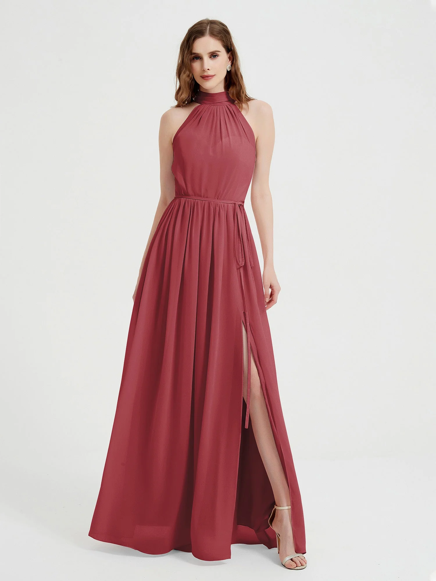 High Neck Chiffon Dresses with Slit and Sash Bow-Cinnamon Rose Plus Size