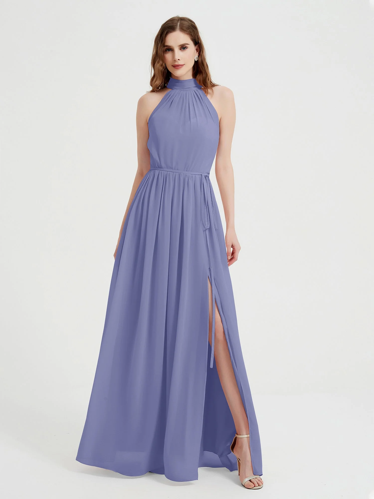High Neck Chiffon Dresses with Slit and Sash Bow-Periwinkle Plus Size