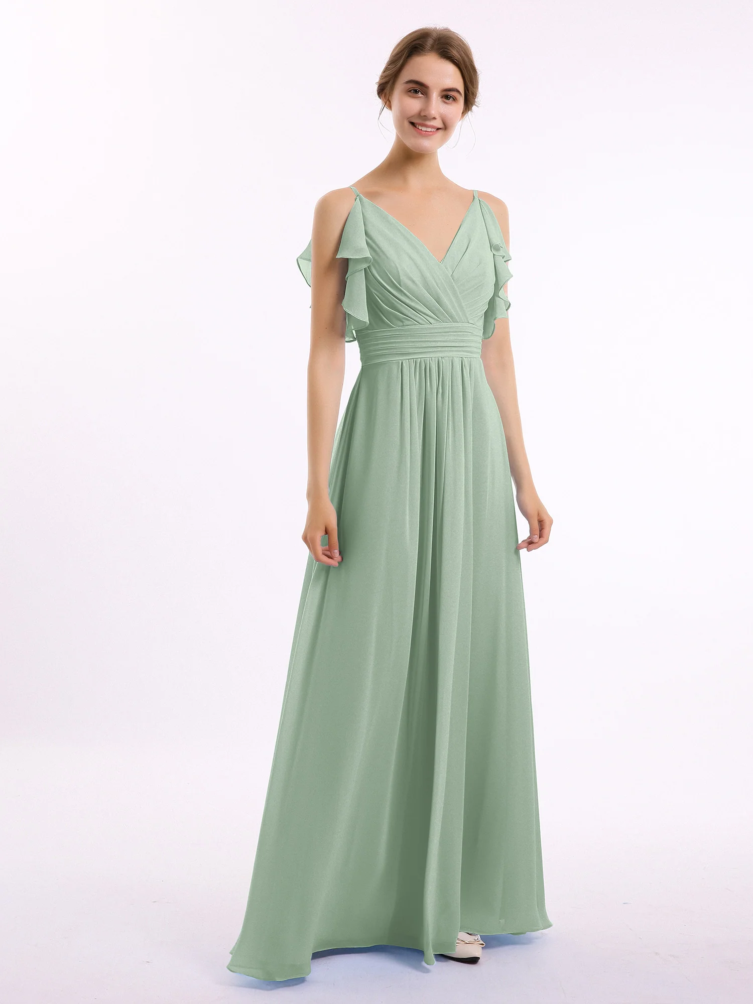Spaghetti Strap Ruffles V-neck Chiffon Dresses Agave