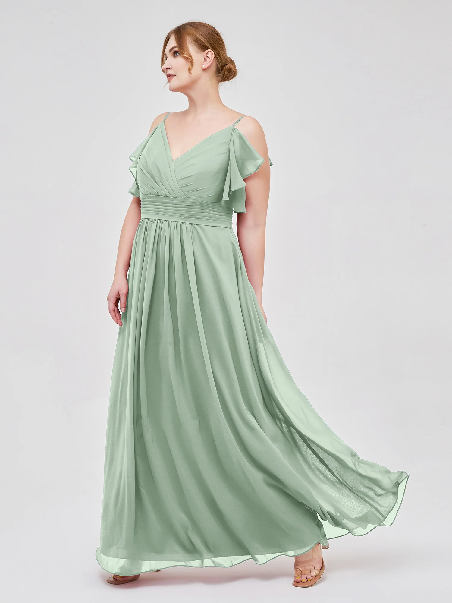Spaghetti Strap Ruffles V-neck Chiffon Dresses Agave - Image 10