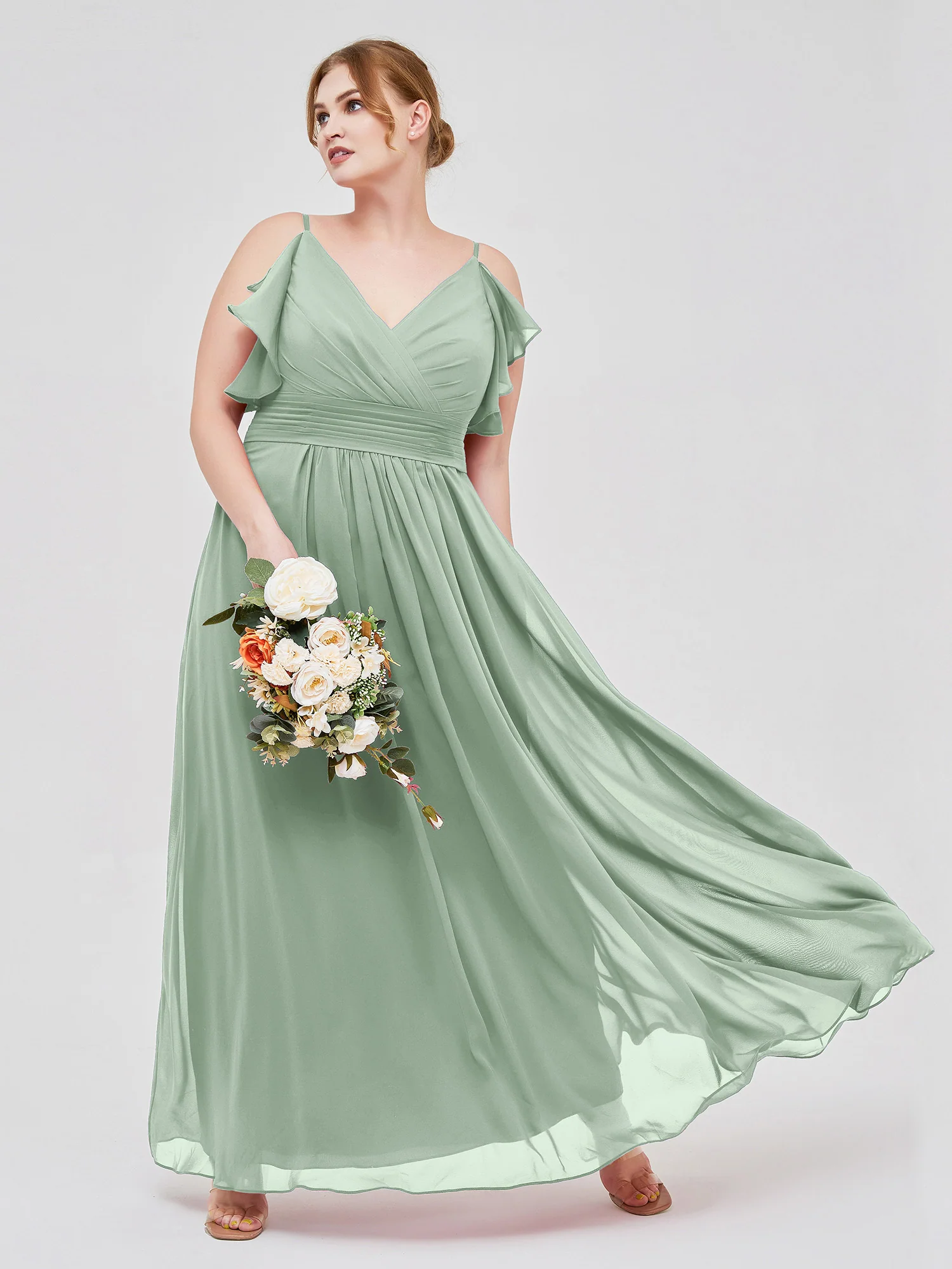 Spaghetti Strap Ruffles V-neck Chiffon Dresses Agave - Image 11