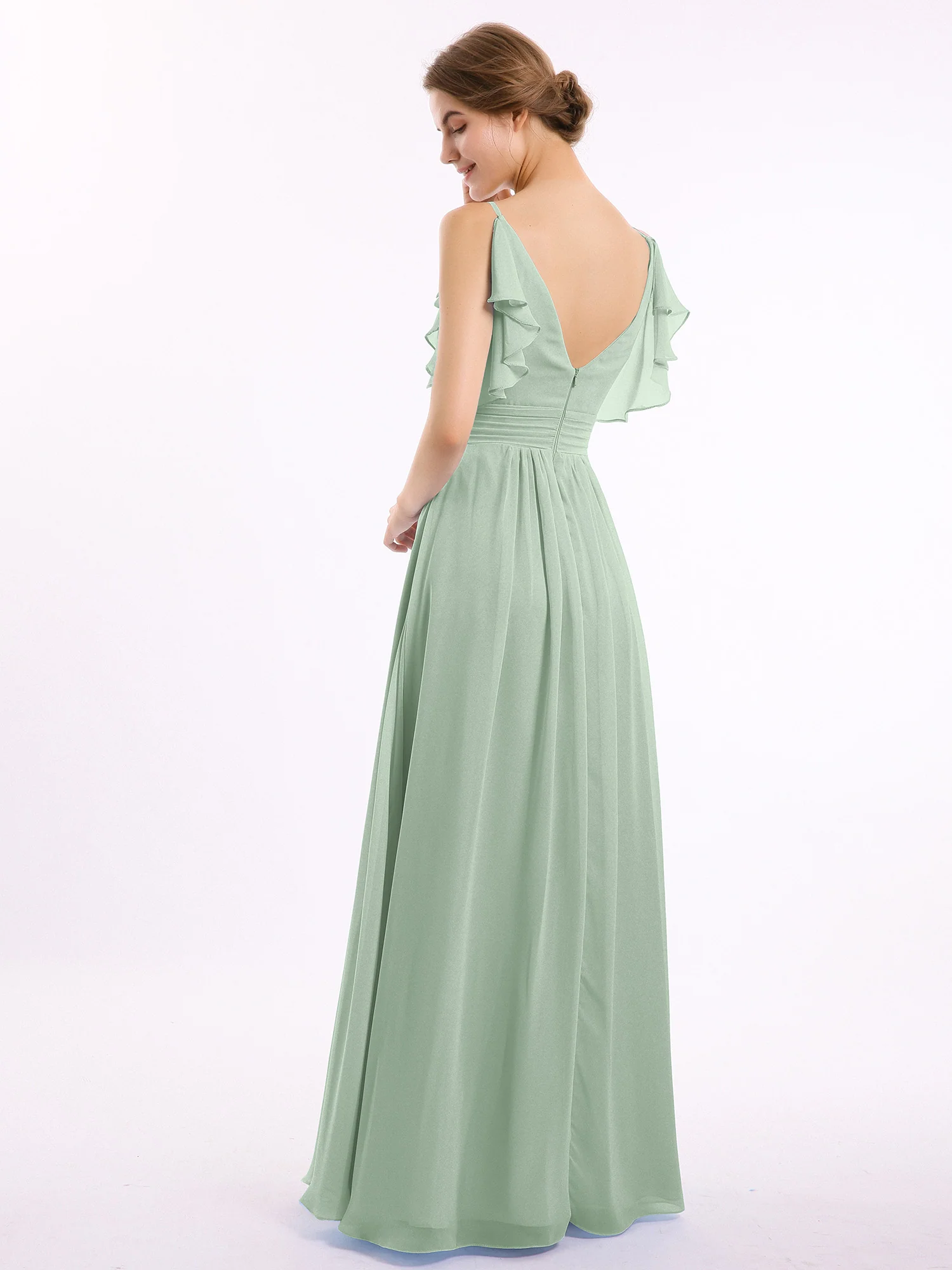Spaghetti Strap Ruffles V-neck Chiffon Dresses Agave - Image 3