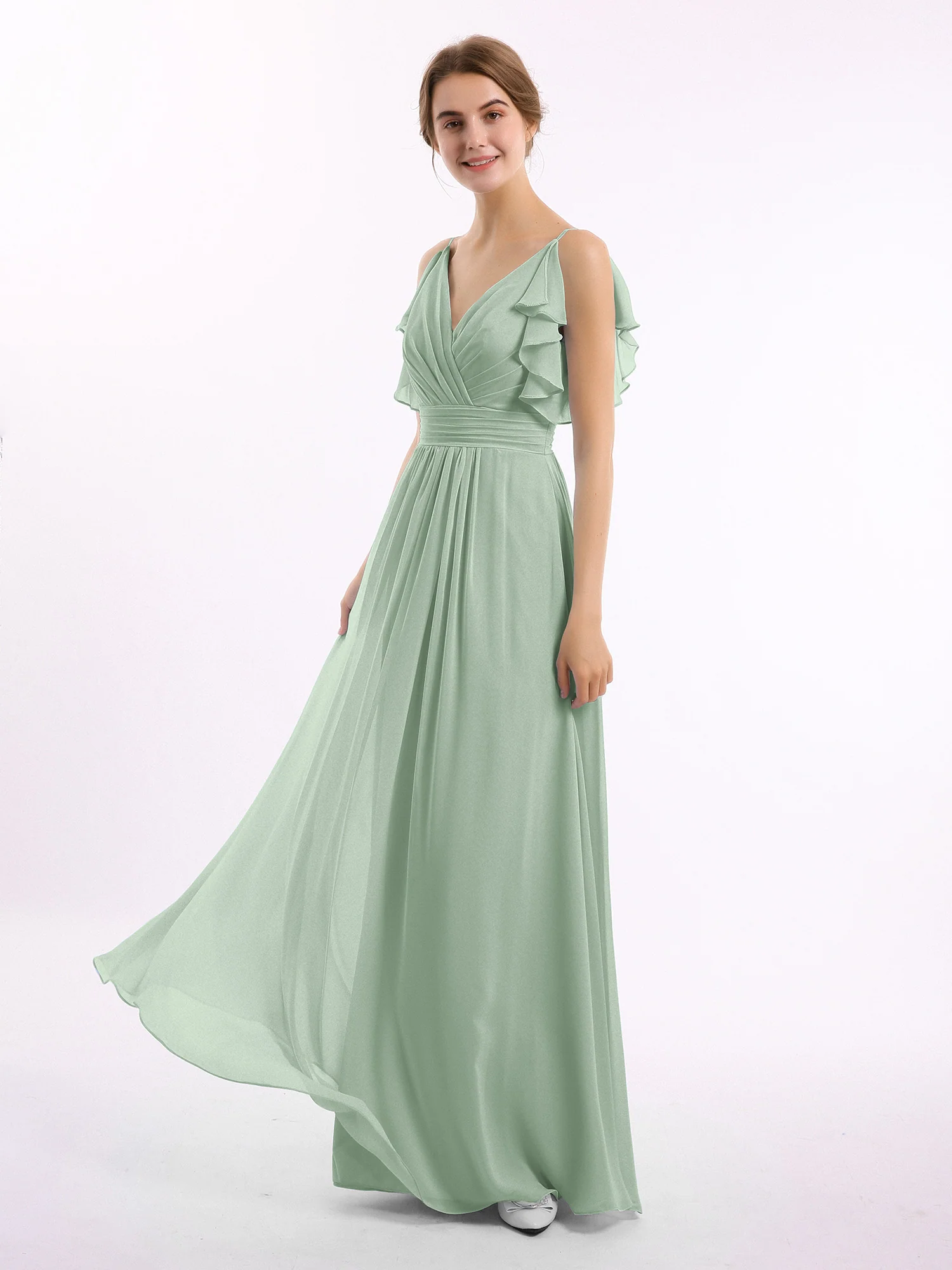 Spaghetti Strap Ruffles V-neck Chiffon Dresses Agave - Image 4