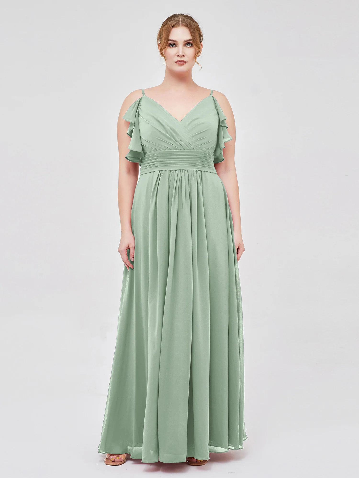 Spaghetti Strap Ruffles V-neck Chiffon Dresses Agave - Image 8