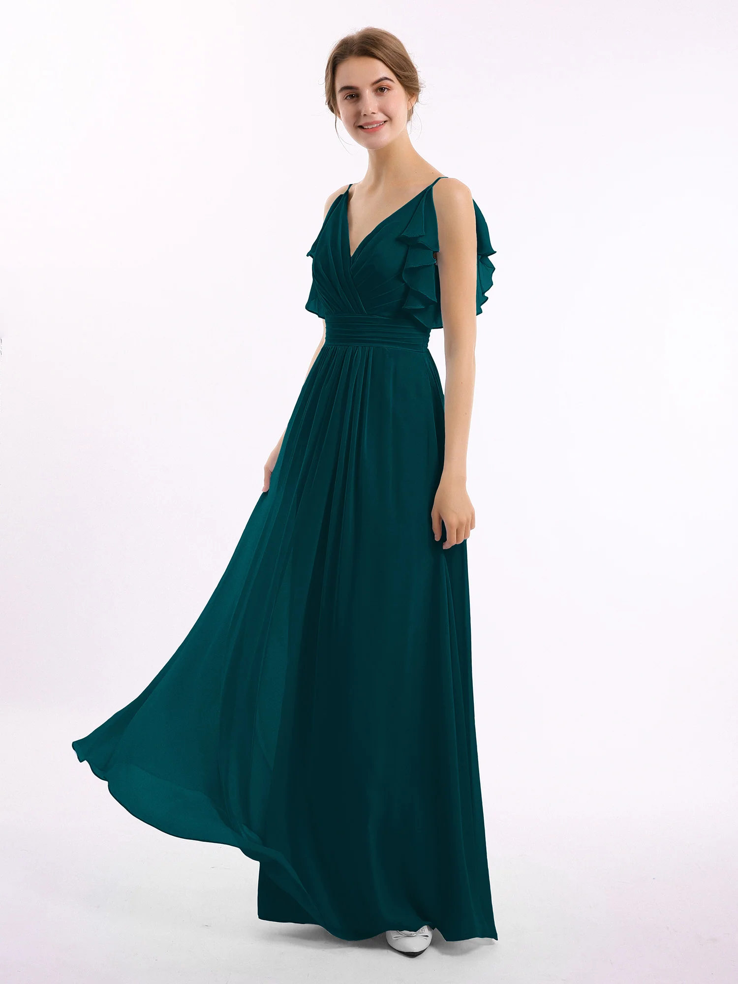 Spaghetti Strap Ruffles V-neck Chiffon Dresses Pine - Image 4