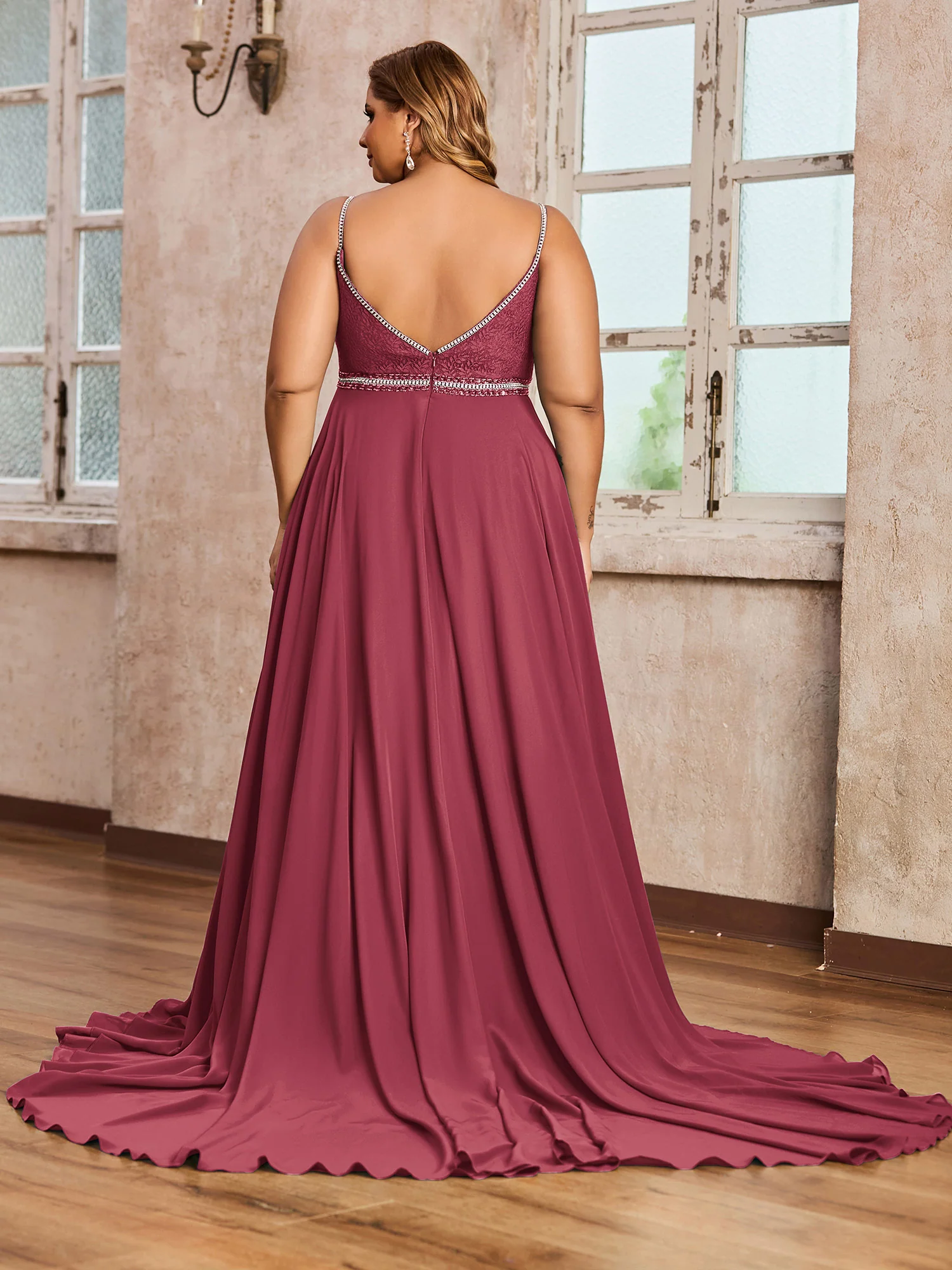 Spaghetti Strap Lace and Chiffon Gown-Cinnamon Rose - Image 2