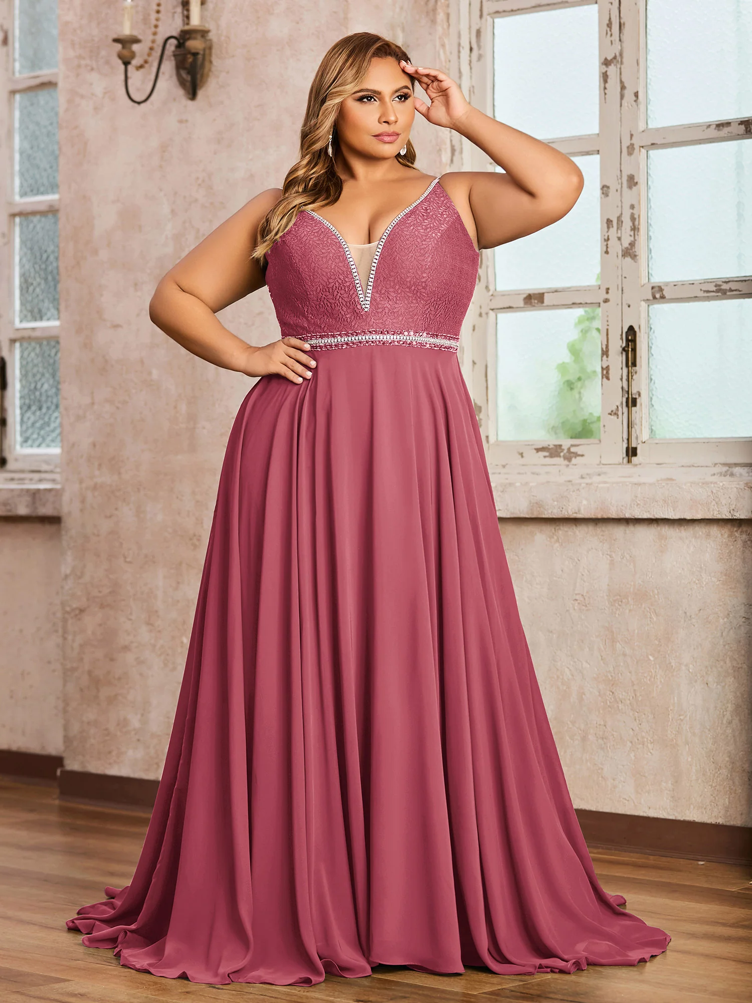 Spaghetti Strap Lace and Chiffon Gown-Cinnamon Rose Plus Size