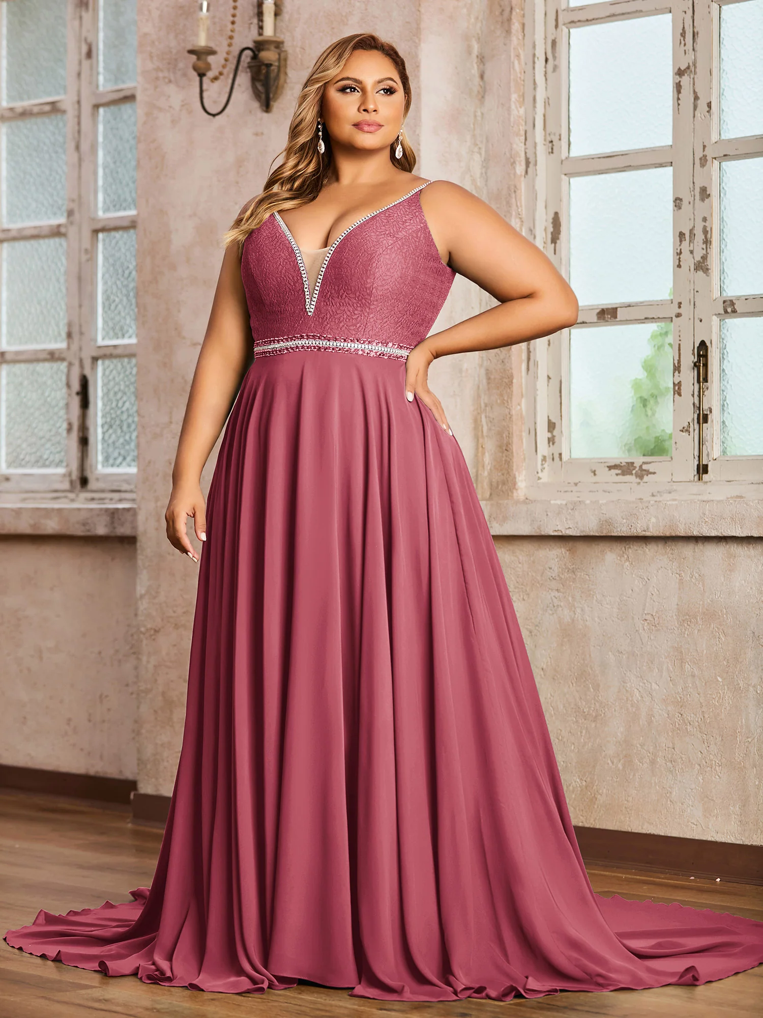 Spaghetti Strap Lace and Chiffon Gown-Cinnamon Rose Plus Size - Image 3