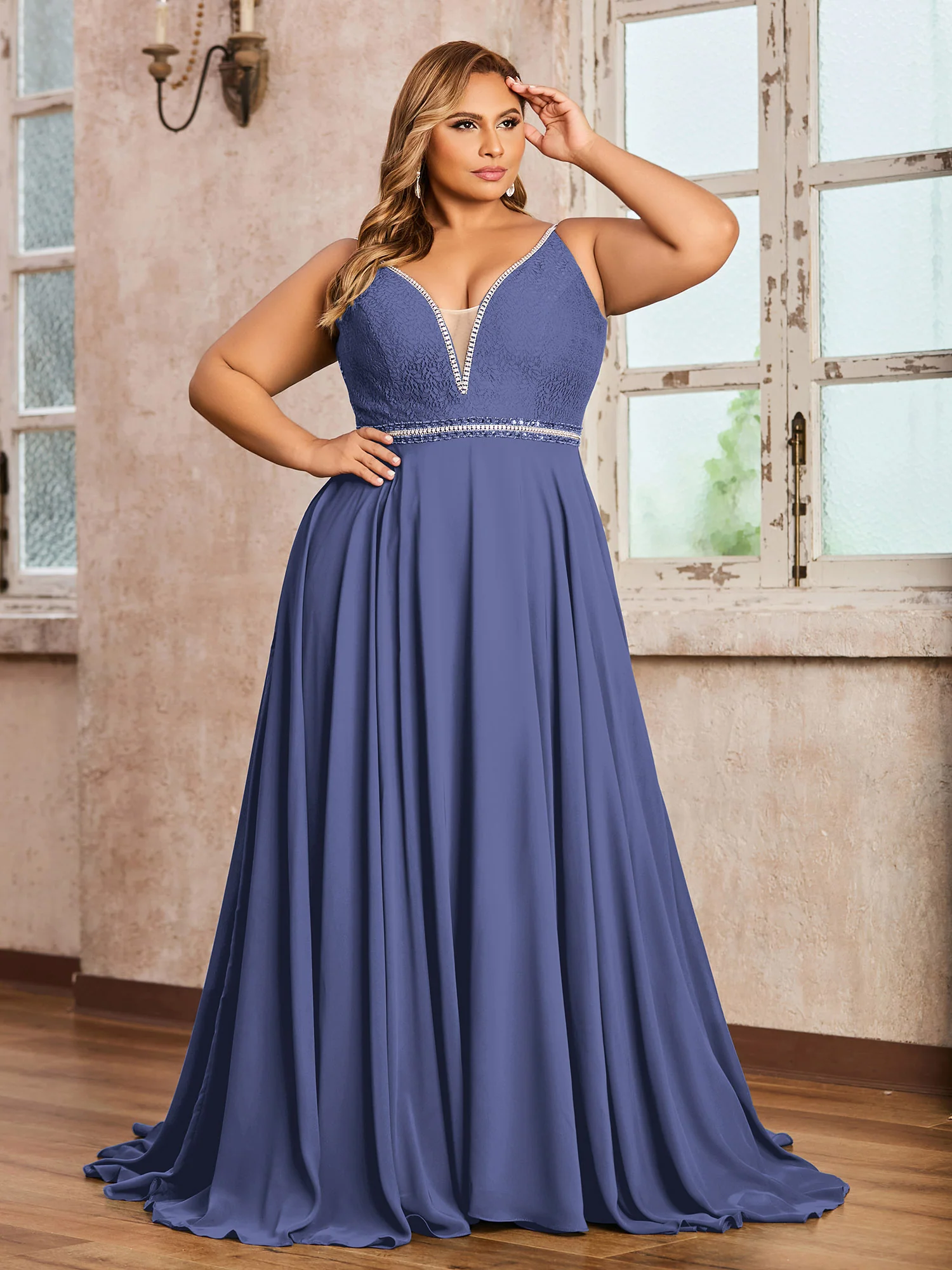 Spaghetti Strap Lace and Chiffon Gown-Periwinkle