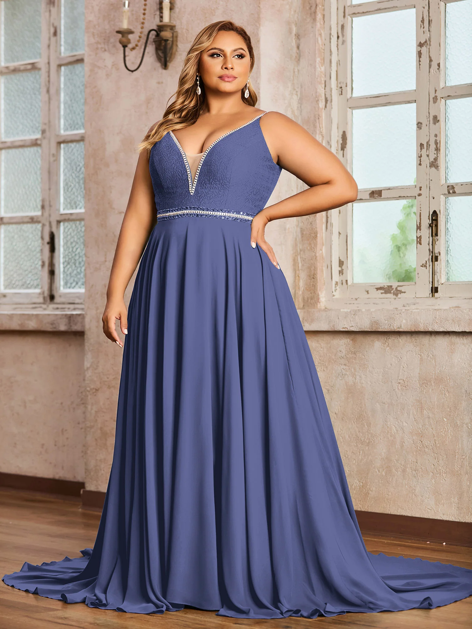 Spaghetti Strap Lace and Chiffon Gown-Periwinkle - Image 3