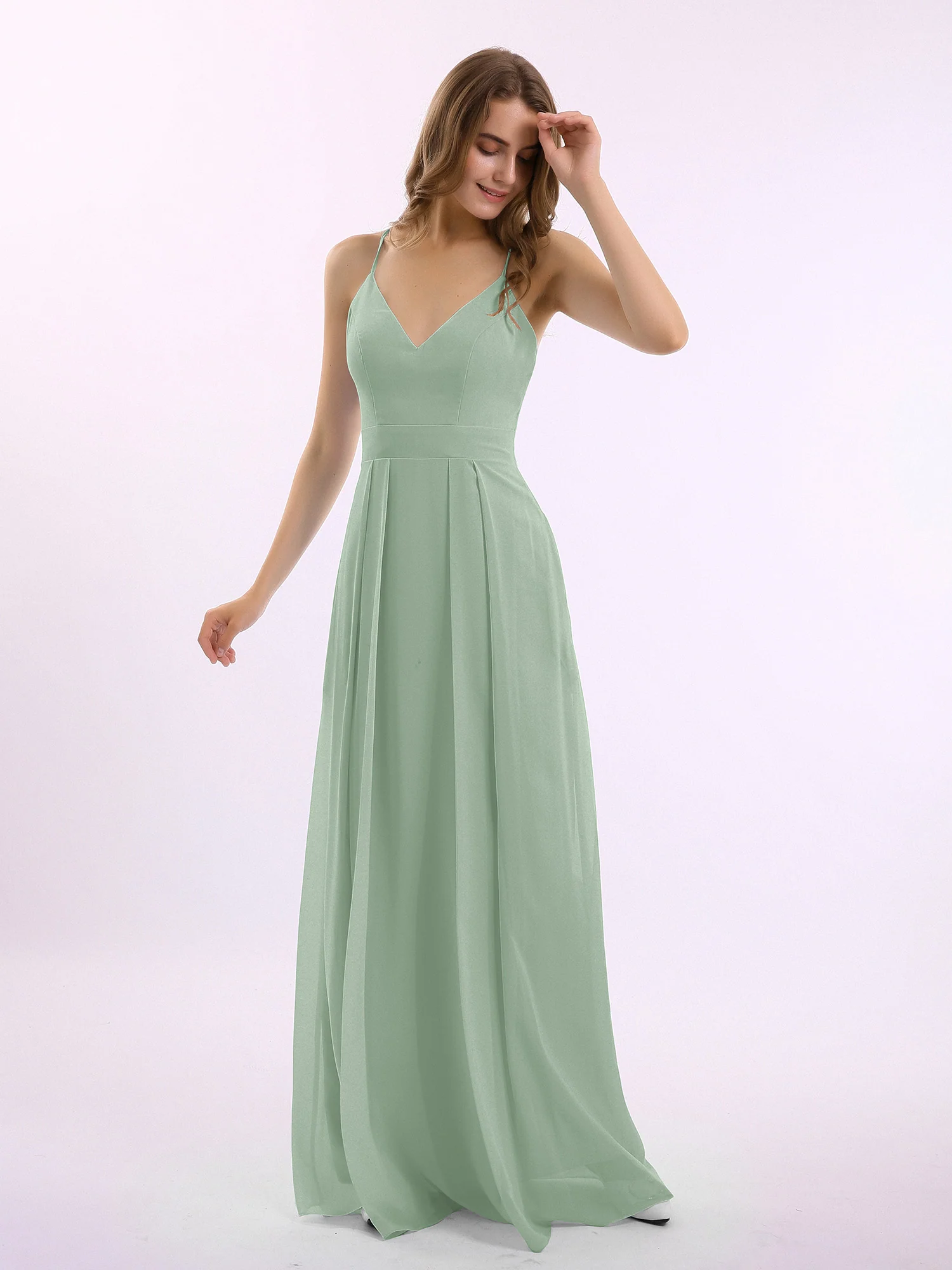 Spaghetti Strap V-neck Chiffon Gowns with Pocket-Agave