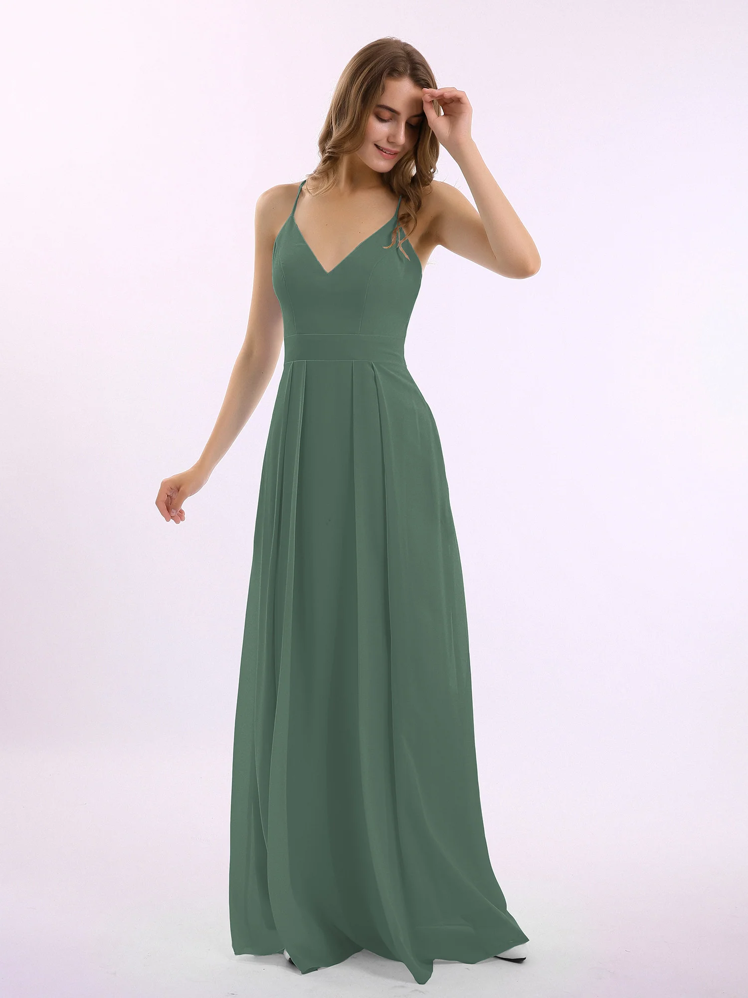 Spaghetti Strap V-neck Chiffon Gowns with Pocket-Eucalyptus
