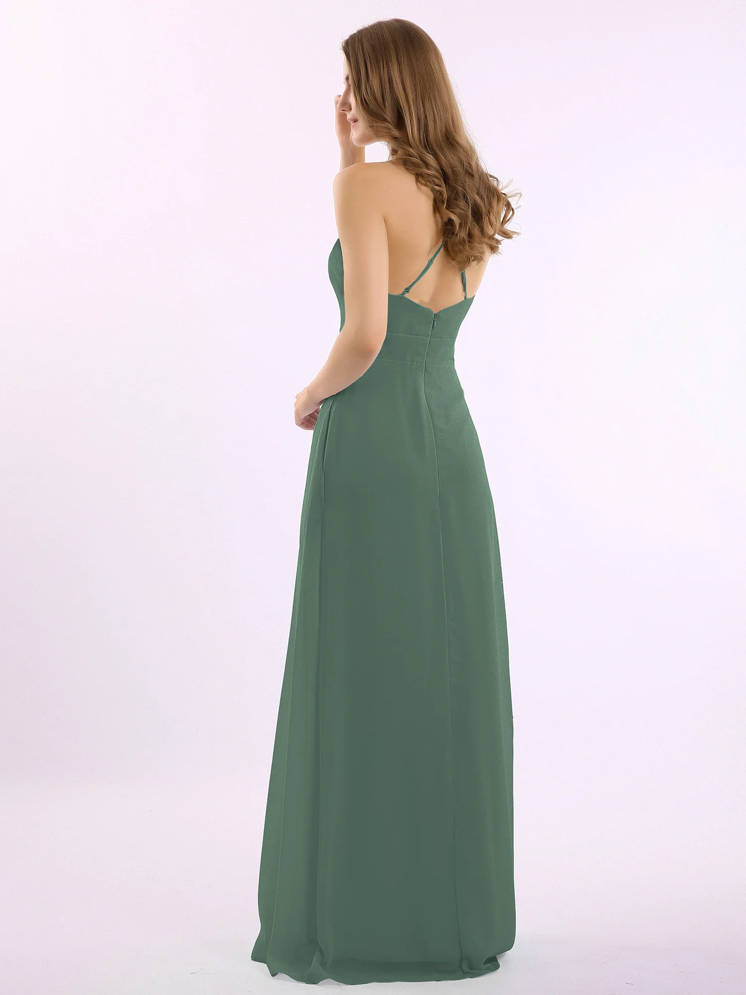 Spaghetti Strap V-neck Chiffon Gowns with Pocket-Eucalyptus - Image 2