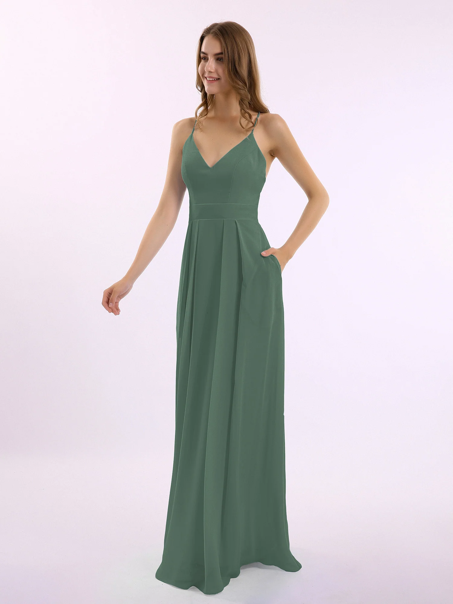 Spaghetti Strap V-neck Chiffon Gowns with Pocket-Eucalyptus - Image 3