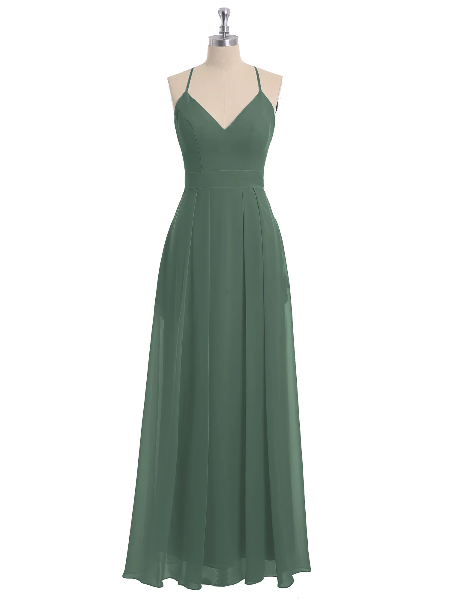 Spaghetti Strap V-neck Chiffon Gowns with Pocket-Eucalyptus - Image 4
