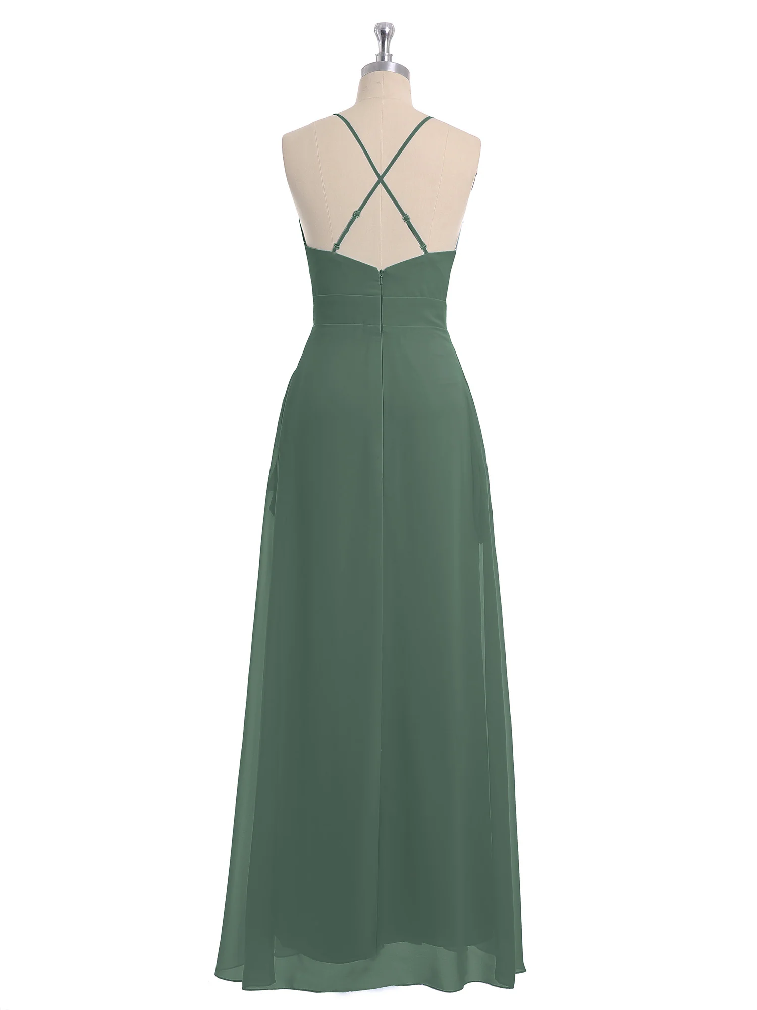 Spaghetti Strap V-neck Chiffon Gowns with Pocket-Eucalyptus - Image 5