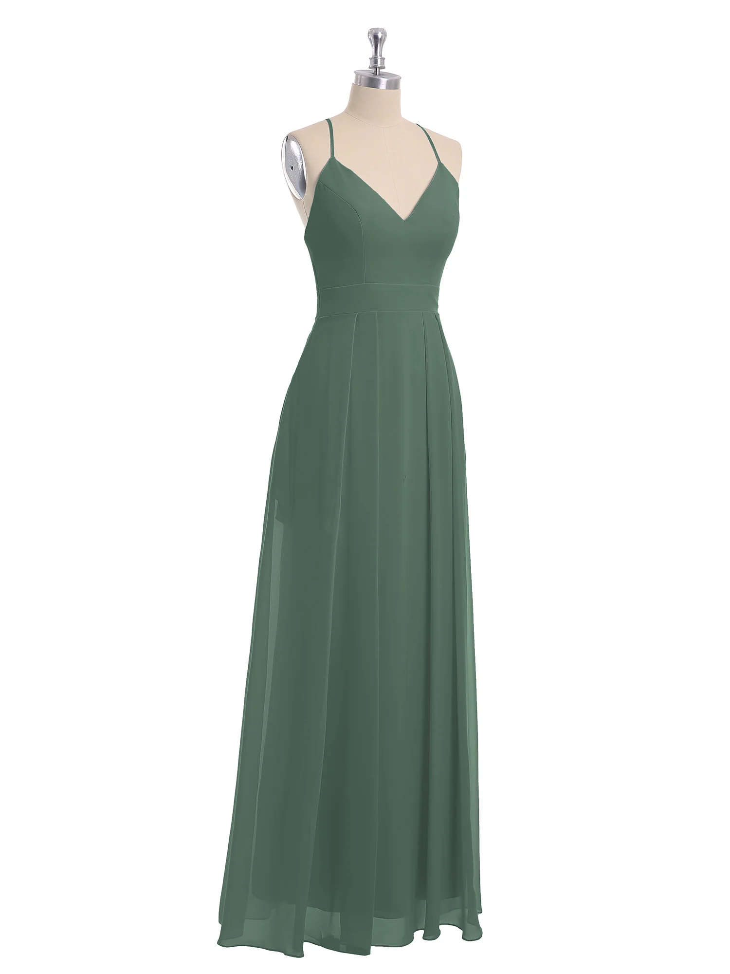 Spaghetti Strap V-neck Chiffon Gowns with Pocket-Eucalyptus - Image 6