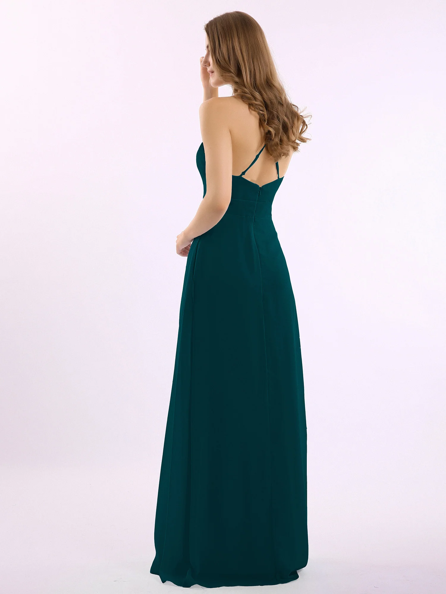 Spaghetti Strap V-neck Chiffon Gowns with Pocket-Pine - Image 2