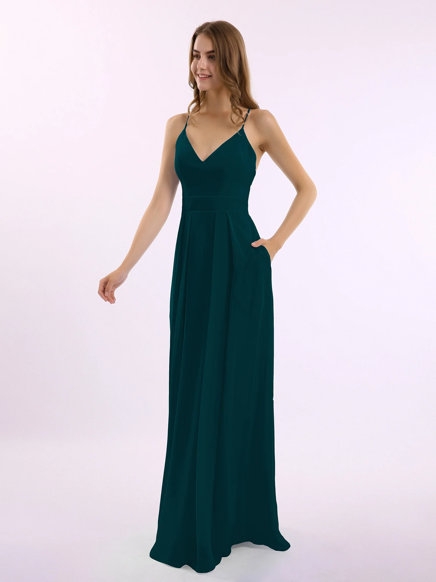 Spaghetti Strap V-neck Chiffon Gowns with Pocket-Pine - Image 3