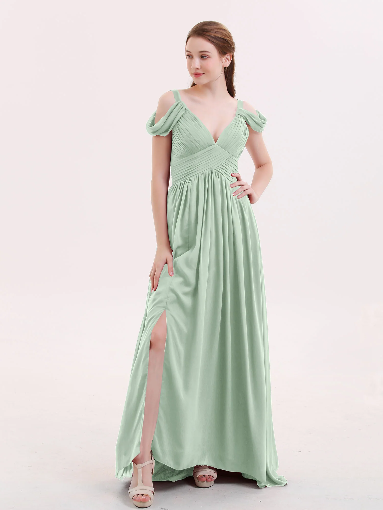 Deep V Neck Sexy Chiffon Dress with Slit-Agave