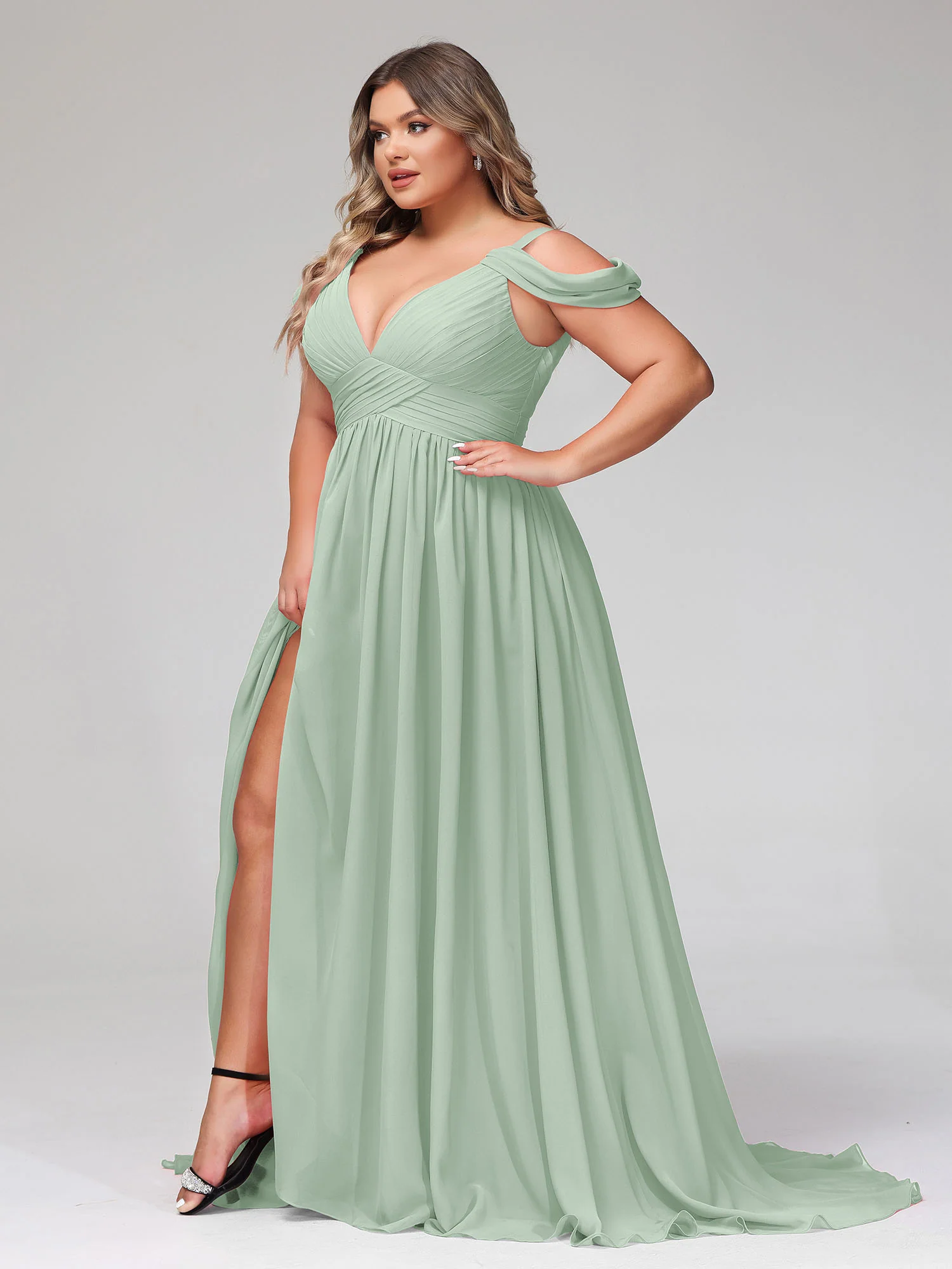 Deep V Neck Sexy Chiffon Dress with Slit-Agave - Image 9