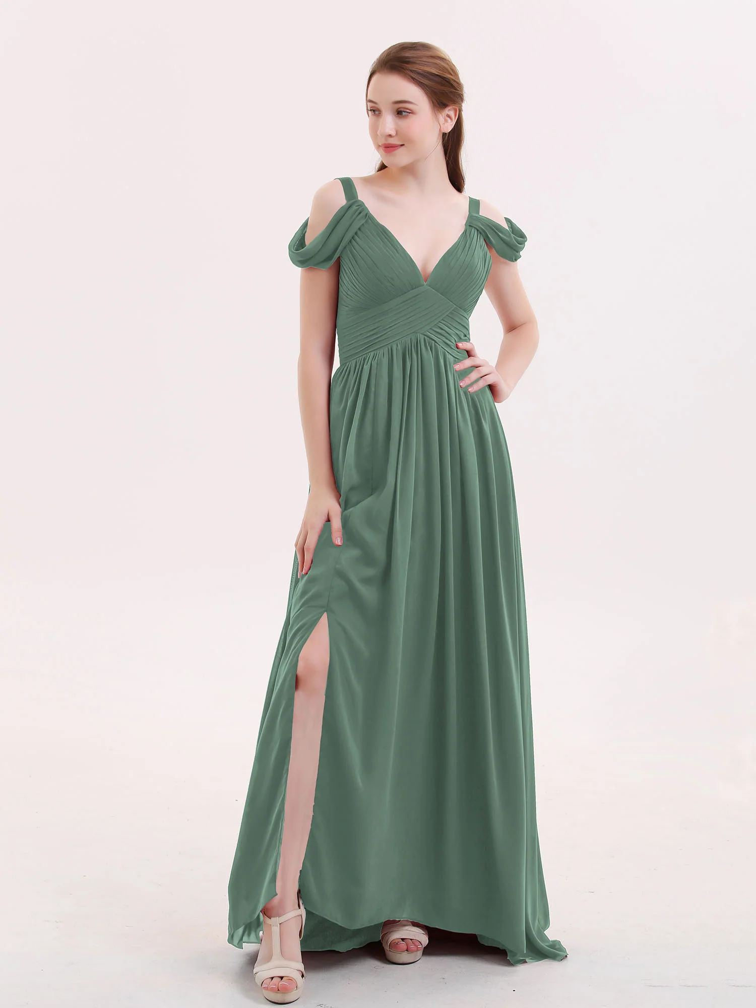 Deep V Neck Sexy Chiffon Dress with Slit-Eucalyptus