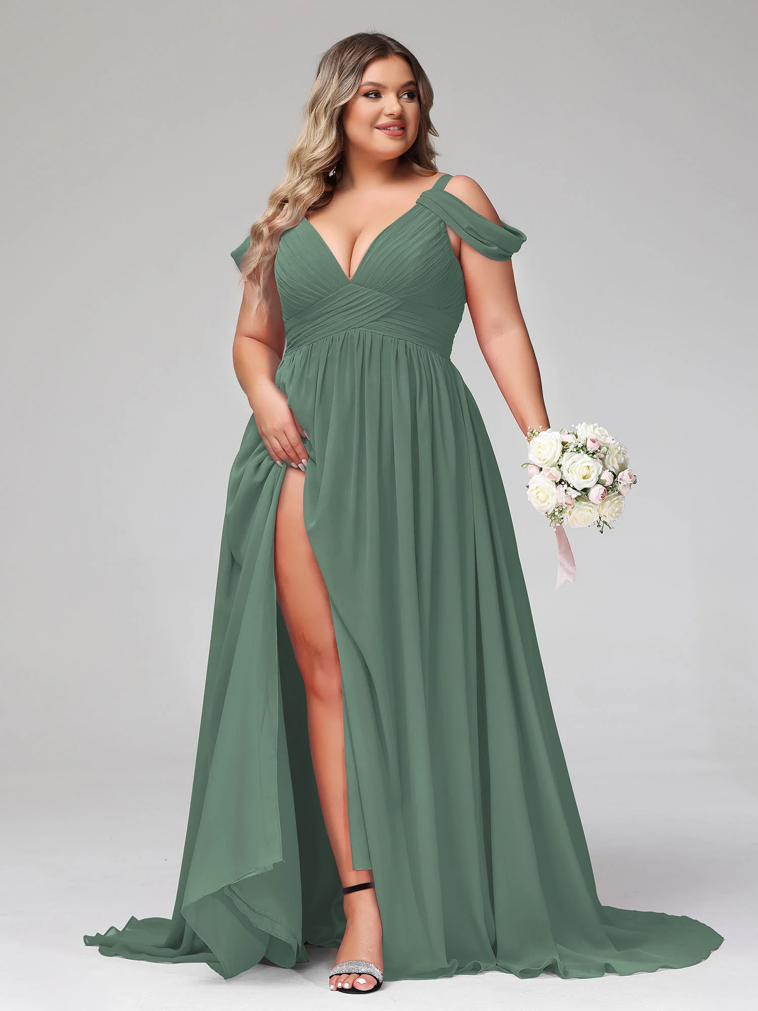 Deep V Neck Sexy Chiffon Dress with Slit-Eucalyptus - Image 10