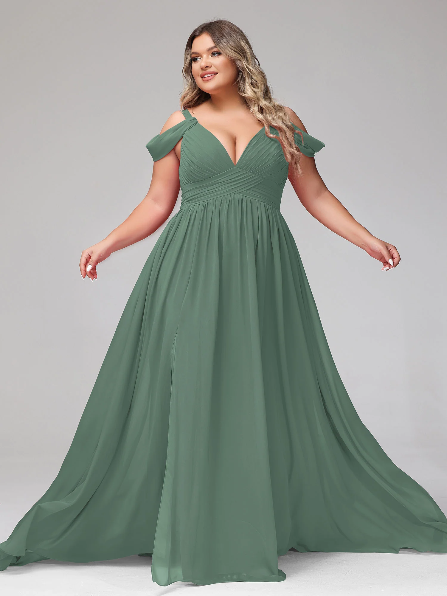Deep V Neck Sexy Chiffon Dress with Slit-Eucalyptus - Image 12