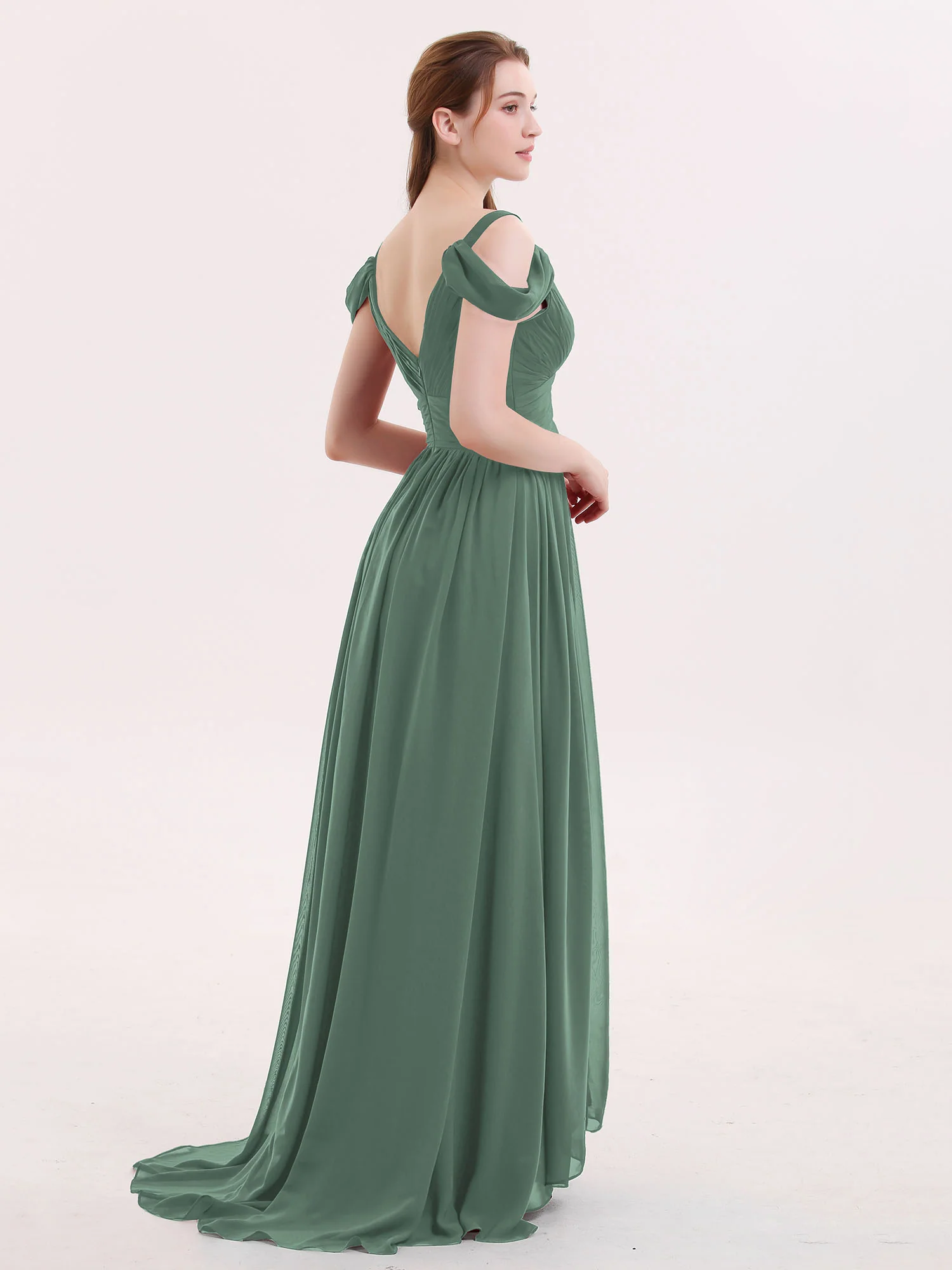 Deep V Neck Sexy Chiffon Dress with Slit-Eucalyptus - Image 2