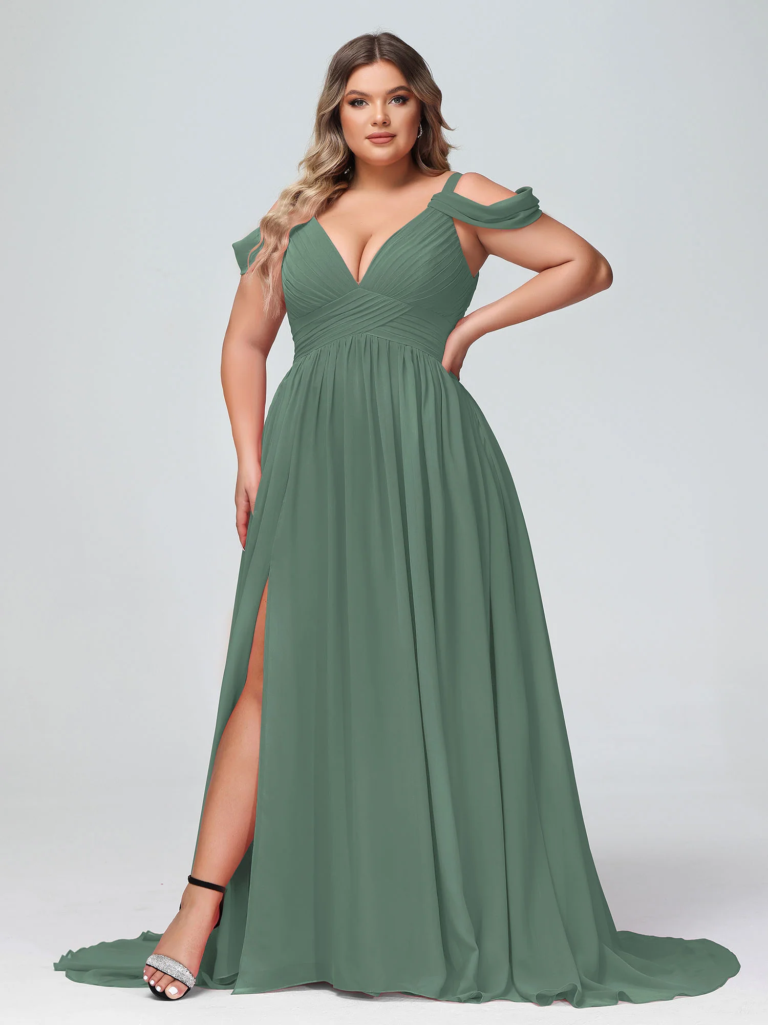 Deep V Neck Sexy Chiffon Dress with Slit-Eucalyptus - Image 7