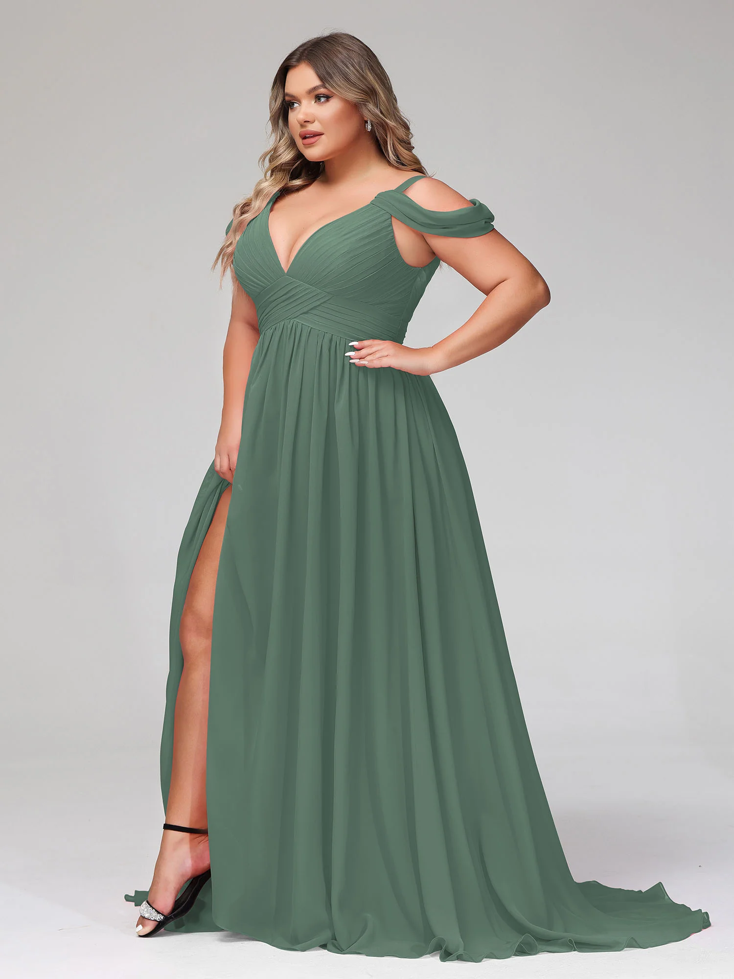 Deep V Neck Sexy Chiffon Dress with Slit-Eucalyptus - Image 9