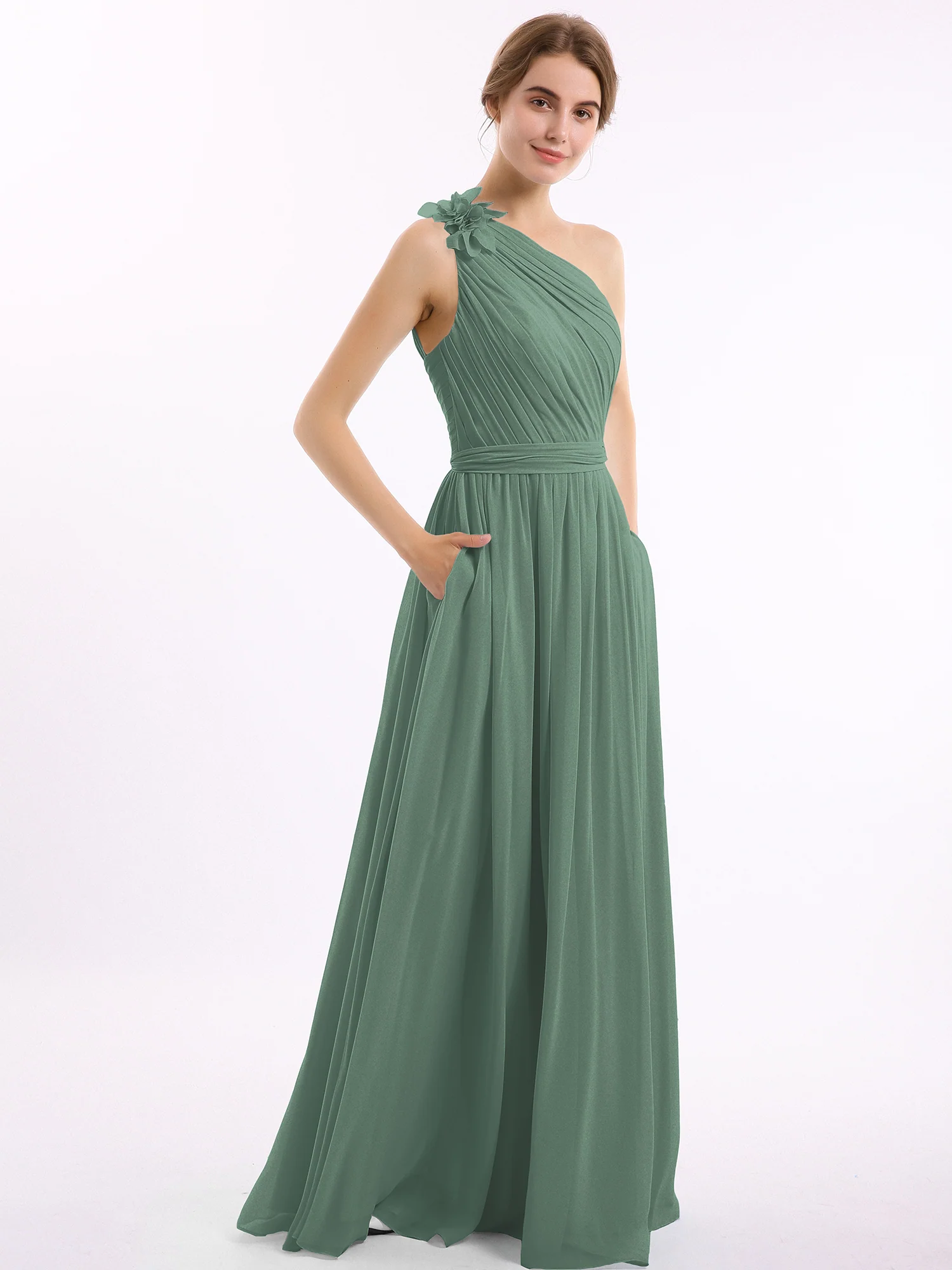 One Flower Shoulder Chiffon Dresses with Pocket Eucalyptus - Image 3