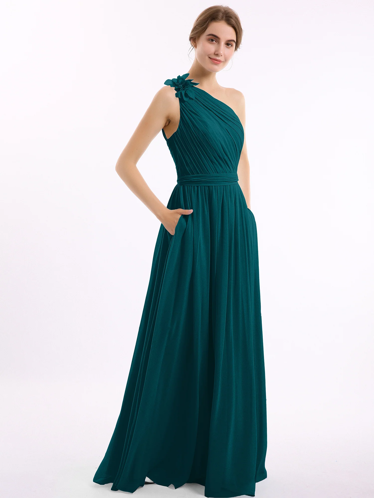 One Flower Shoulder Chiffon Dresses with Pocket Pine - Image 3