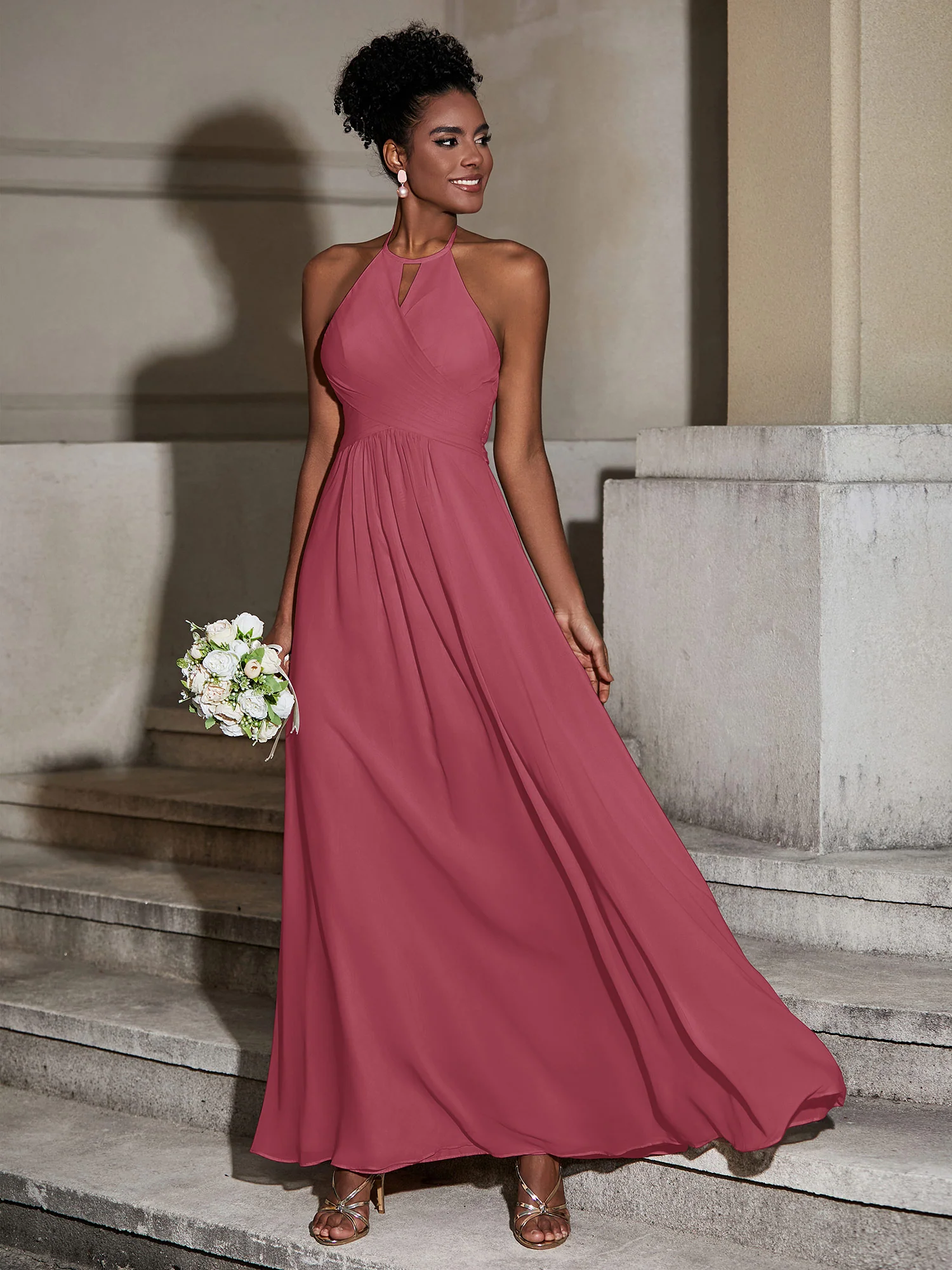 Halter Chiffon Long Dresses for Bridesmaids-Cinnamon Rose