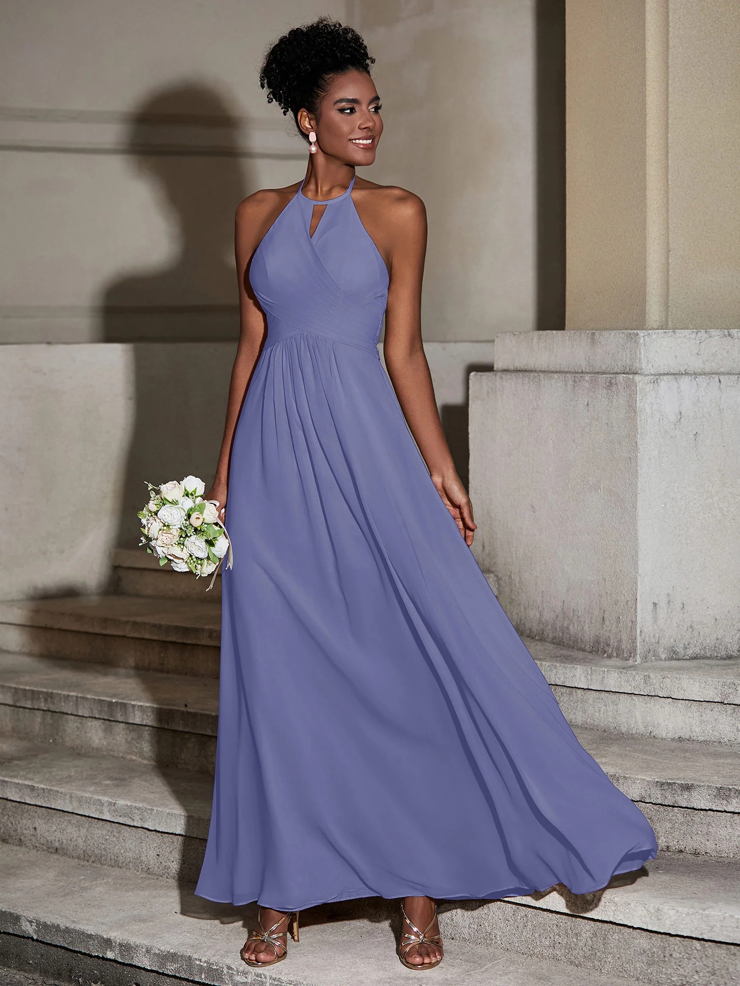 Halter Chiffon Long Dresses for Bridesmaids-Periwinkle Plus Size