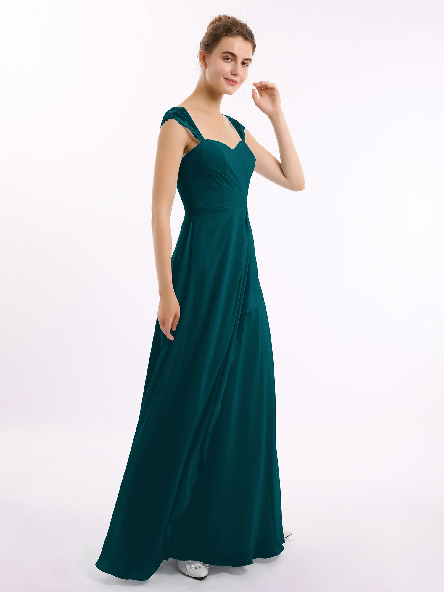 Chiffon Bridesmaid Dresses with Lace Cap Sleeves-Pine - Image 3