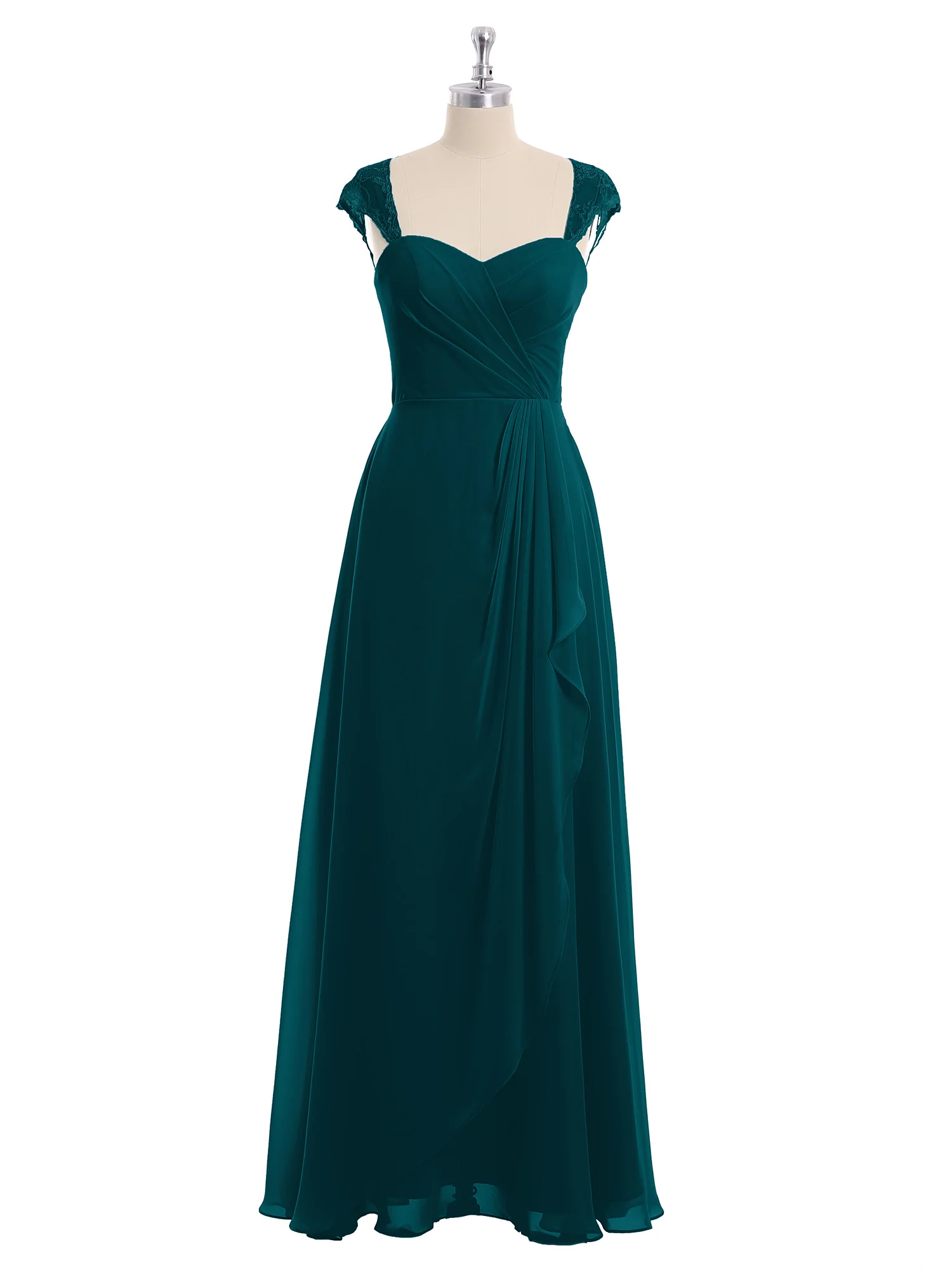 Chiffon Bridesmaid Dresses with Lace Cap Sleeves-Pine - Image 4