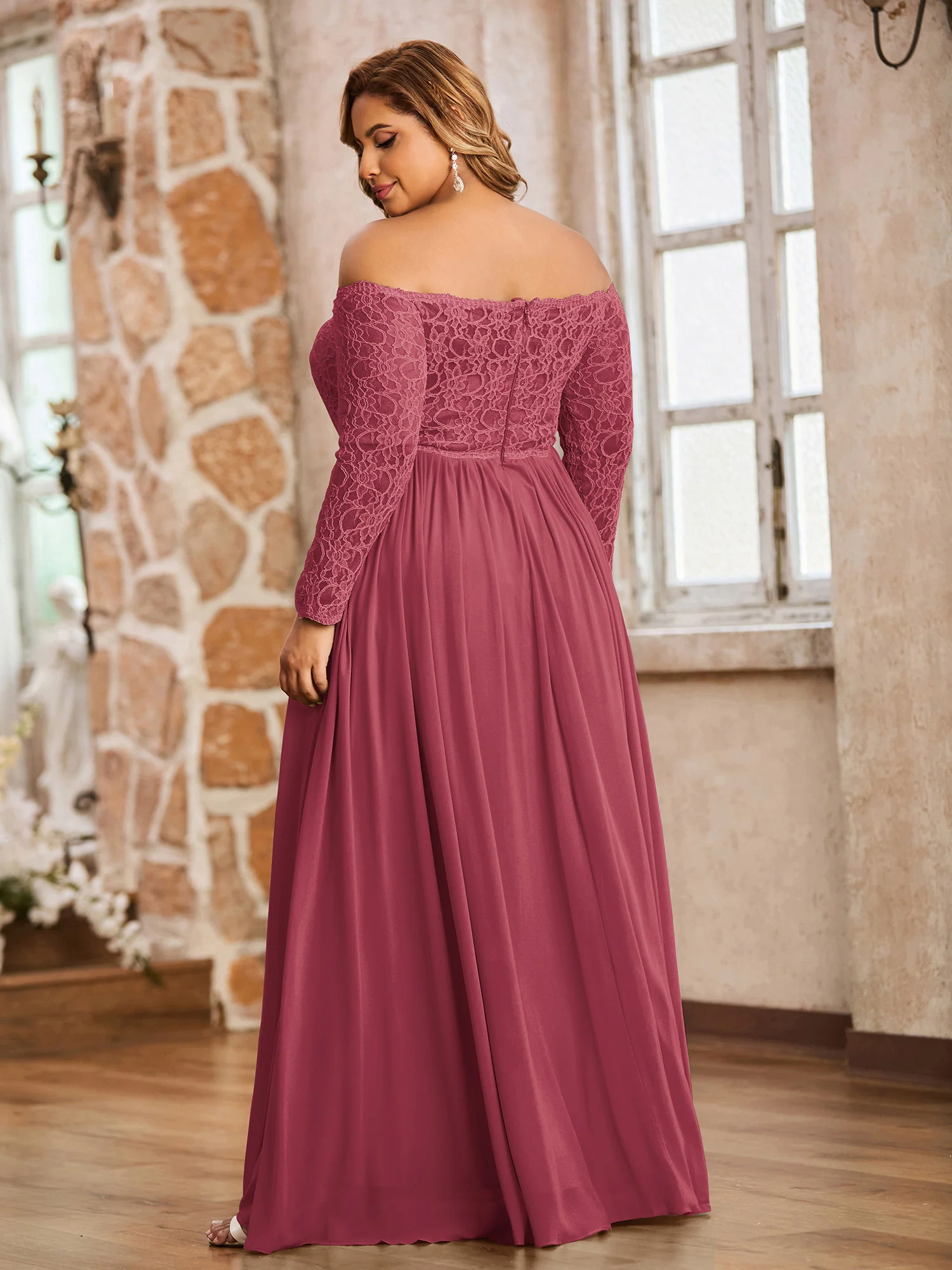 Lace and Chiffon Long Sleeves Dresses with Pockets-Cinnamon Rose Plus Size - Image 2