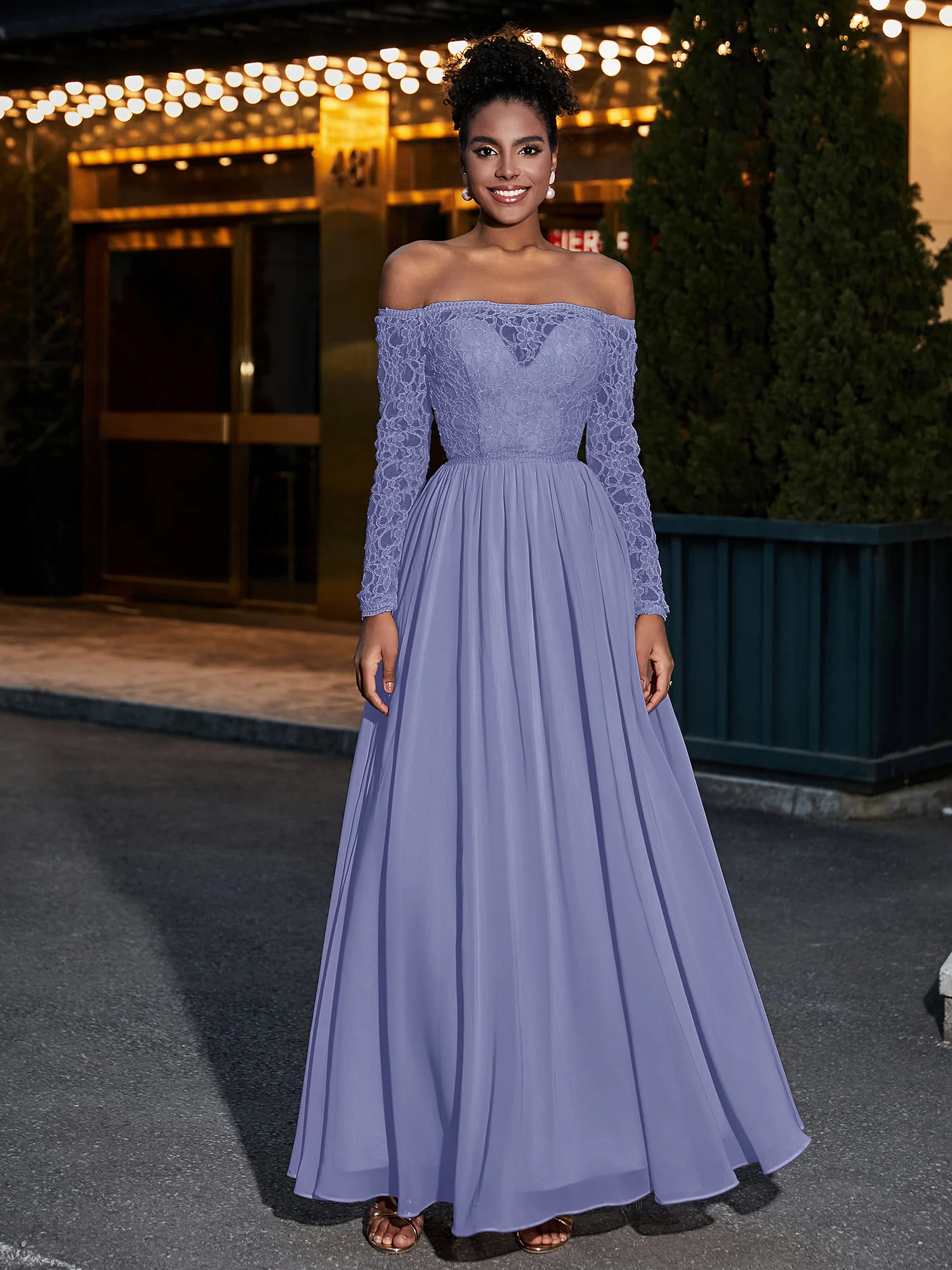 Lace and Chiffon Long Sleeves Dresses with Pockets-Periwinkle