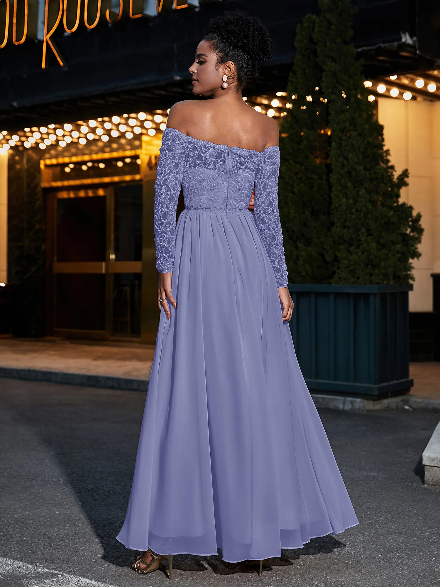 Lace and Chiffon Long Sleeves Dresses with Pockets-Periwinkle - Image 2